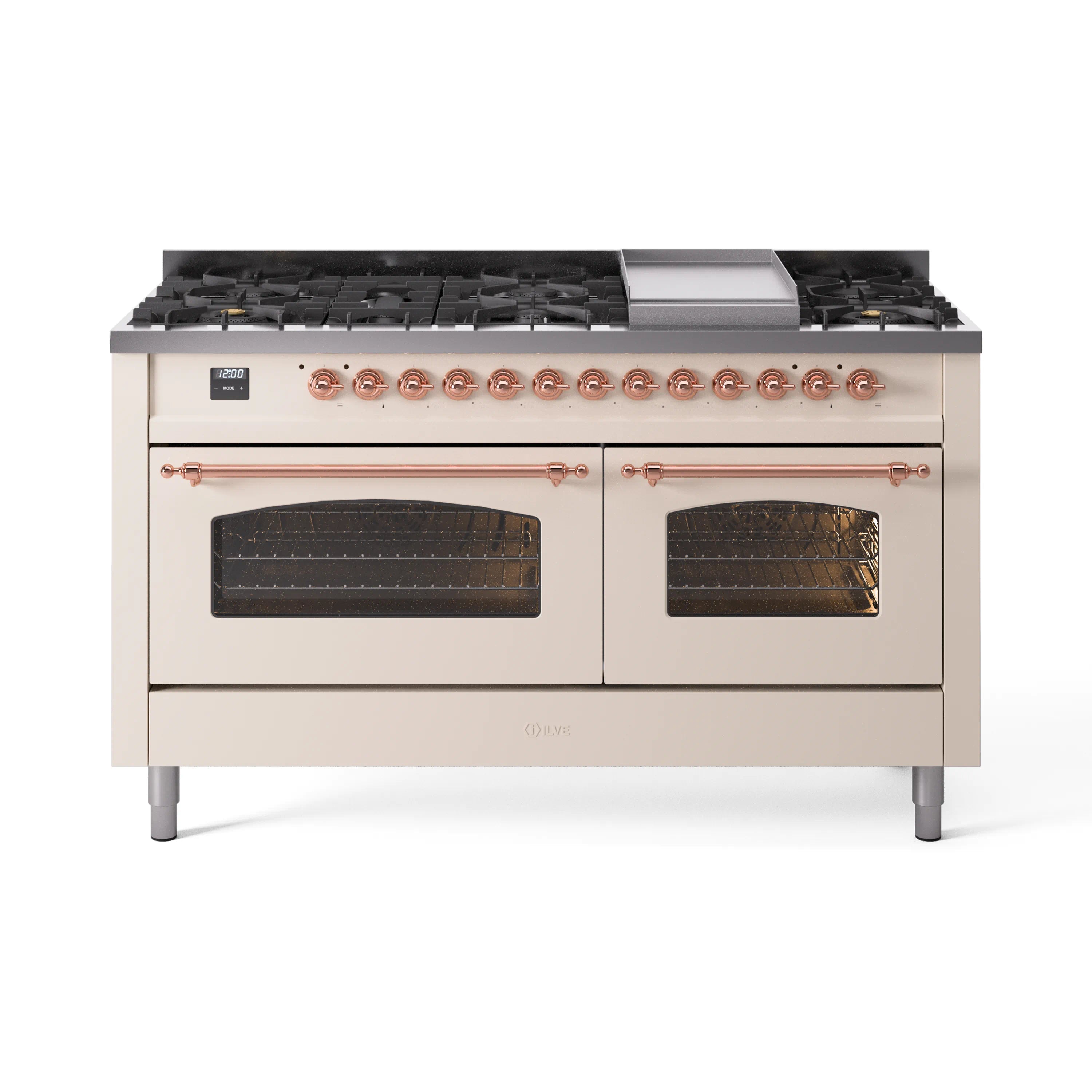 Antique white gas dual fuel range with copper knobs and two glass oven doors