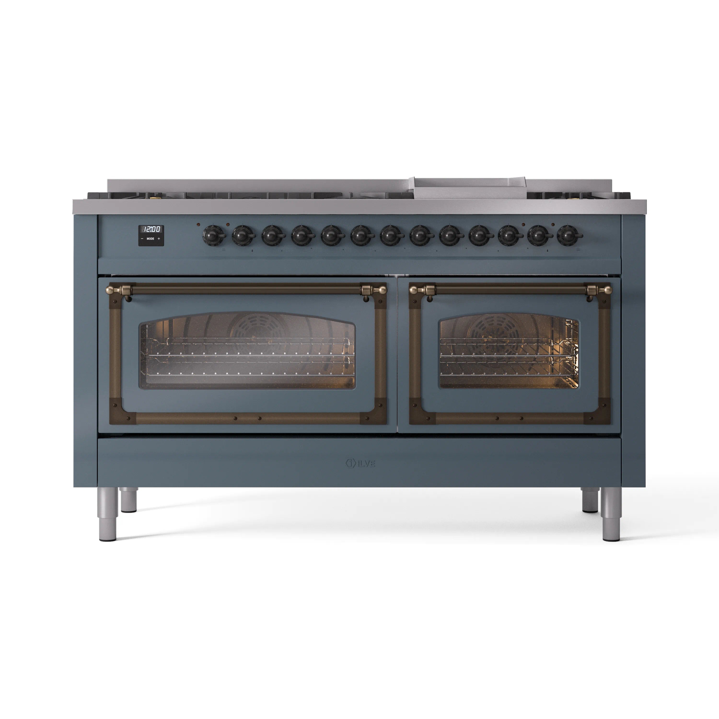 Blue grey dual fuel range with both oven doors open, showing interior racks, front view.