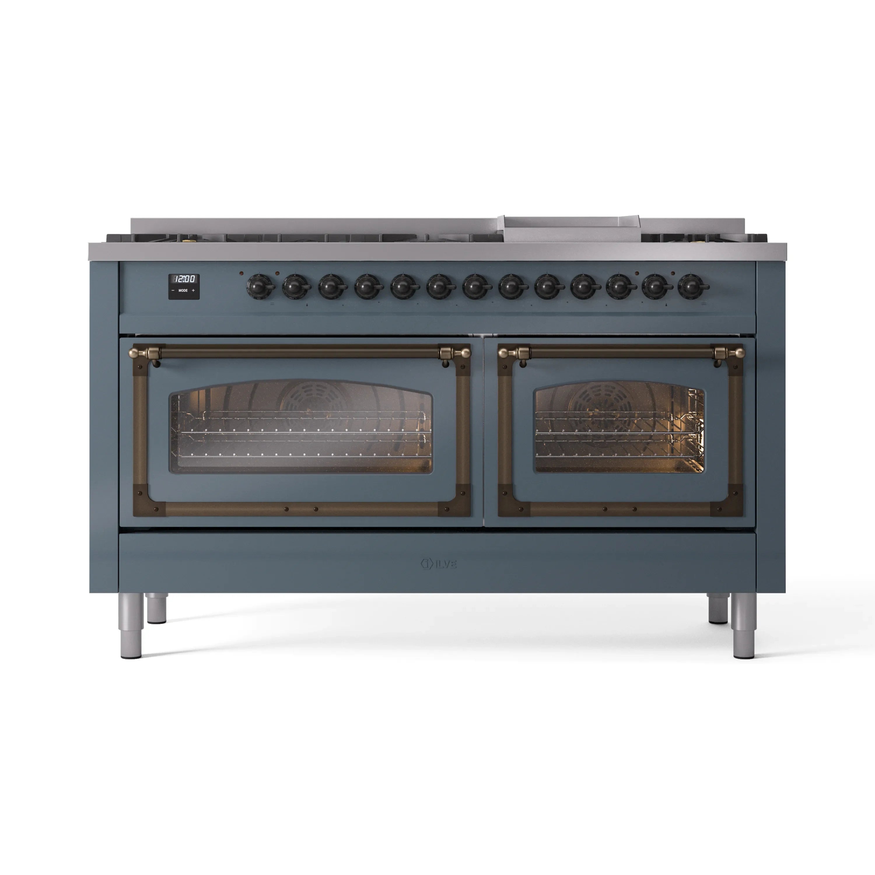 Blue-grey dual fuel gas range with bronze trim, closed double oven doors with knobs