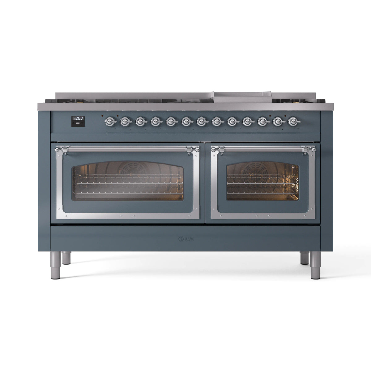 Blue grey gas dual fuel range with chrome trim, dual oven doors, and front control knobs