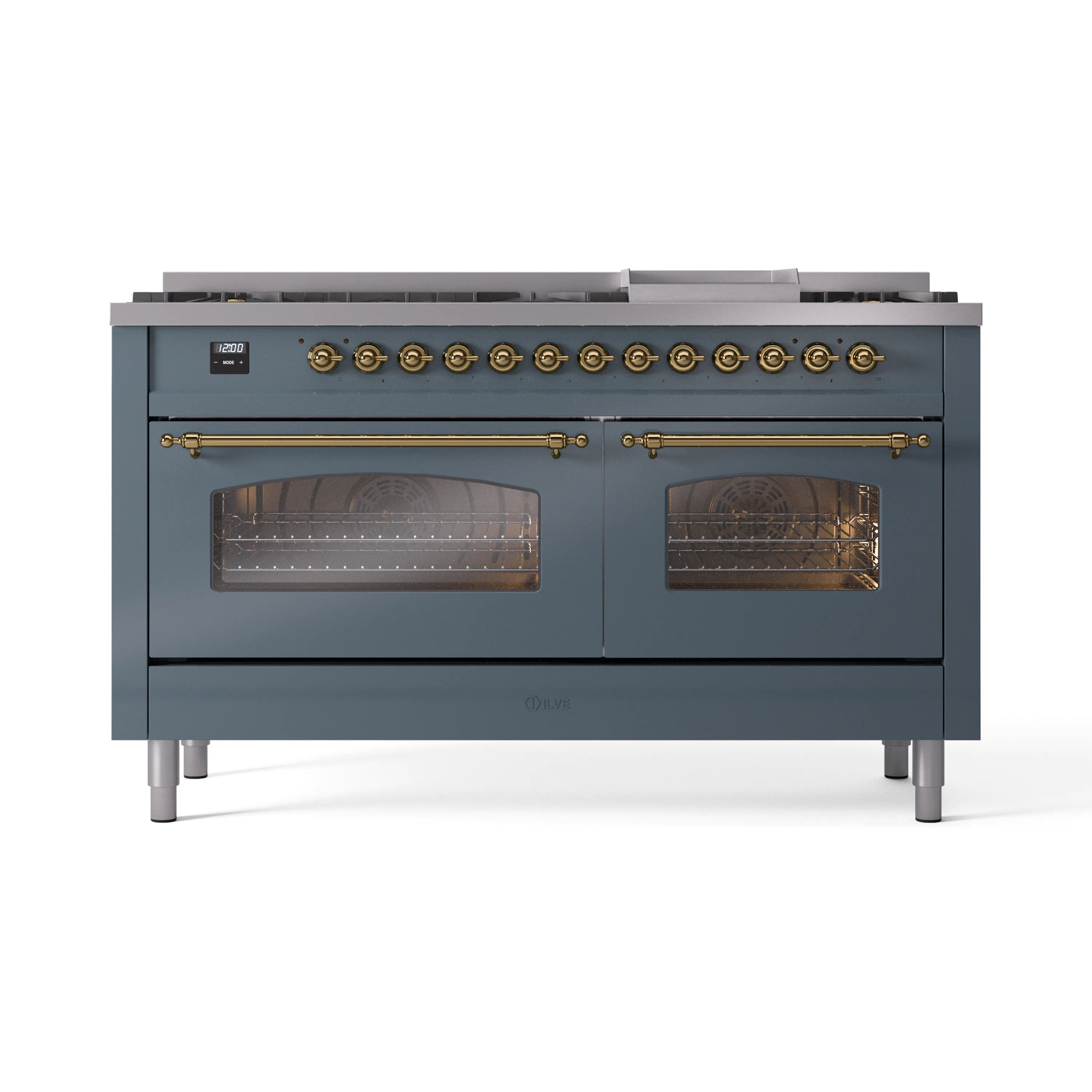 ILVE freestanding dual fuel range in blue-grey with brass trim, two oven windows, closed doors