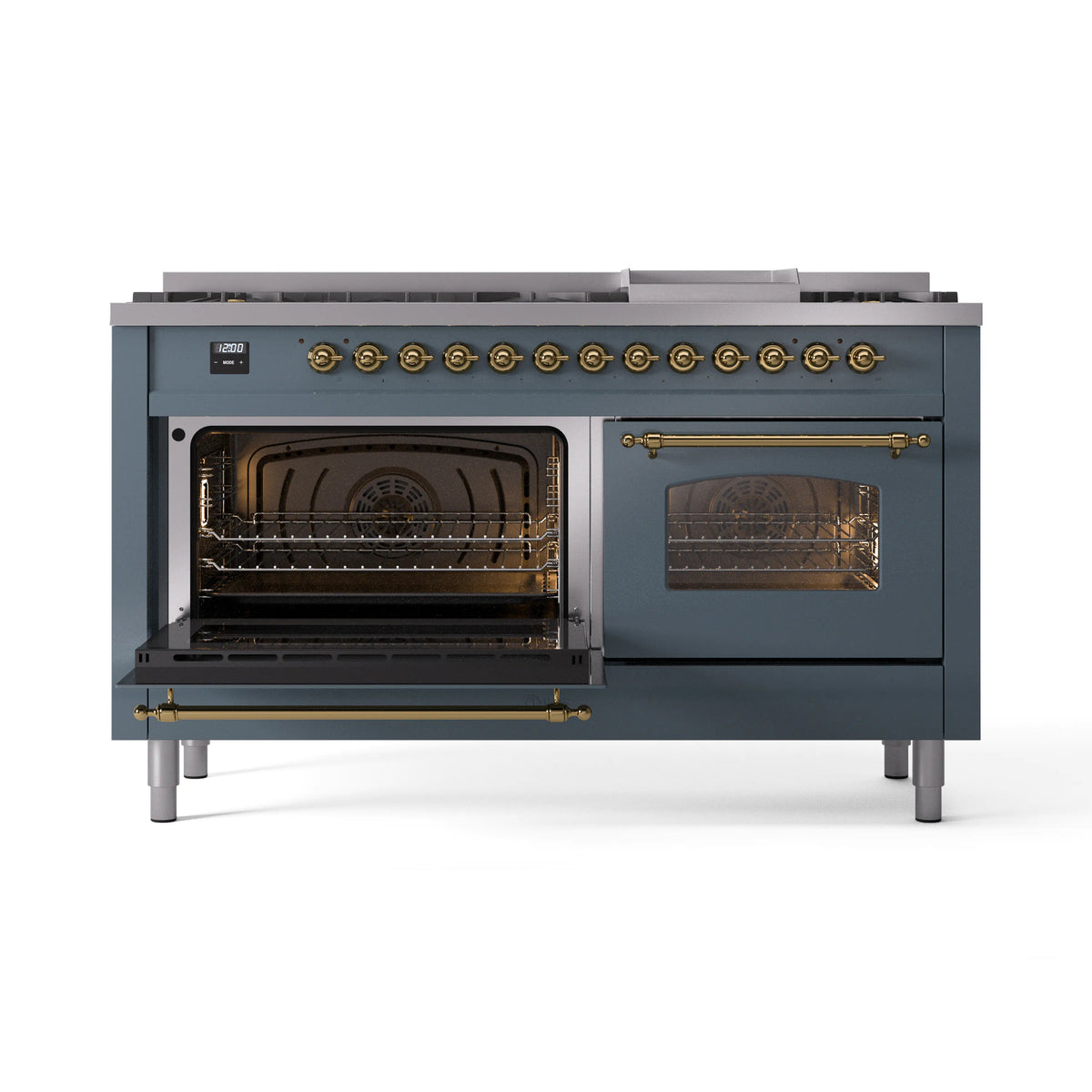 Blue-grey dual fuel range with left oven door open and right oven door window open