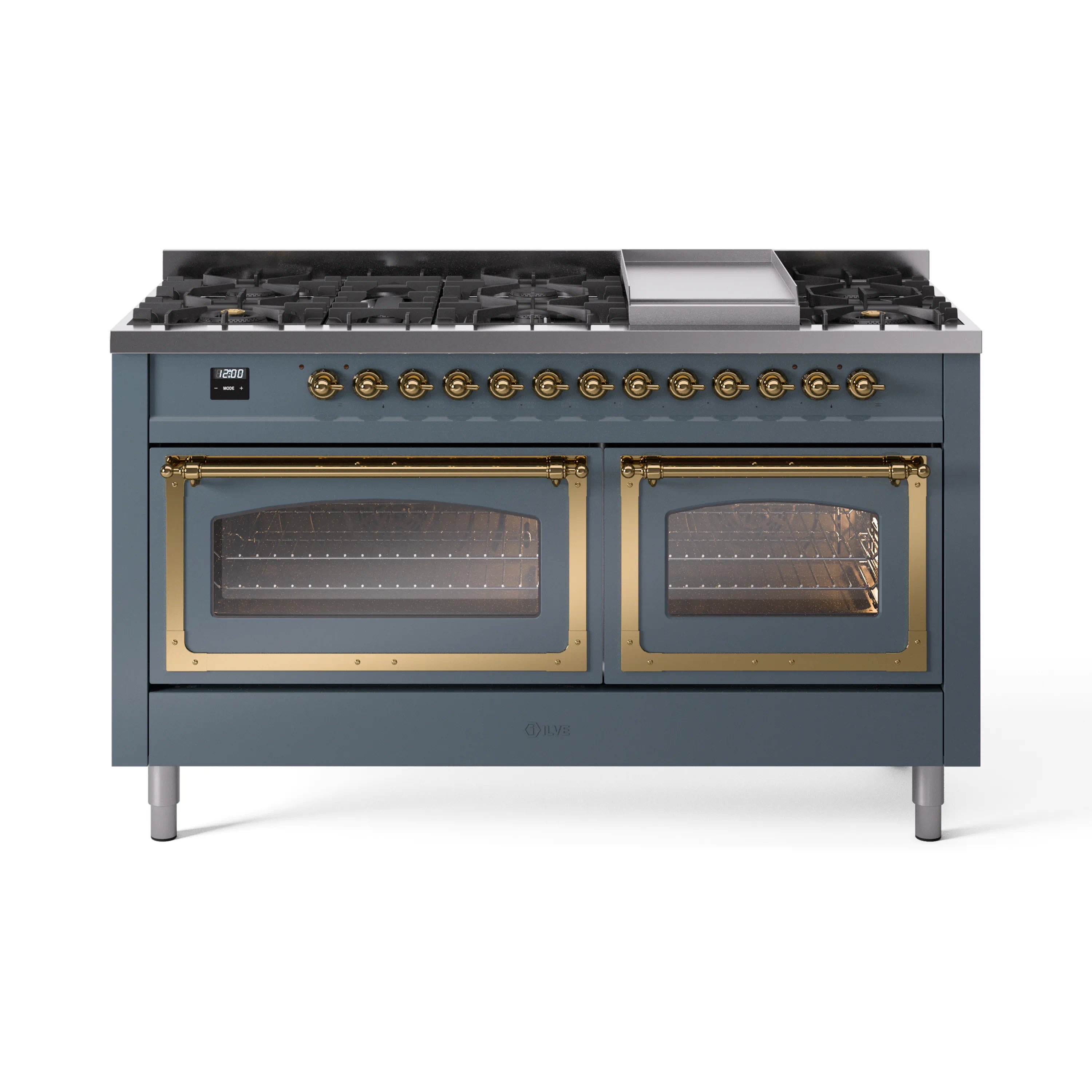ILVE dual-fuel gas range, blue-grey with brass trim, front with cooktop burners and closed ovens
