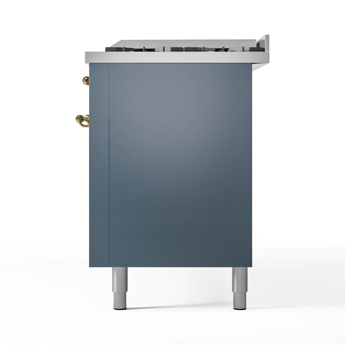 ILVE freestanding dual fuel range side panel in blue-grey with brass handle detail