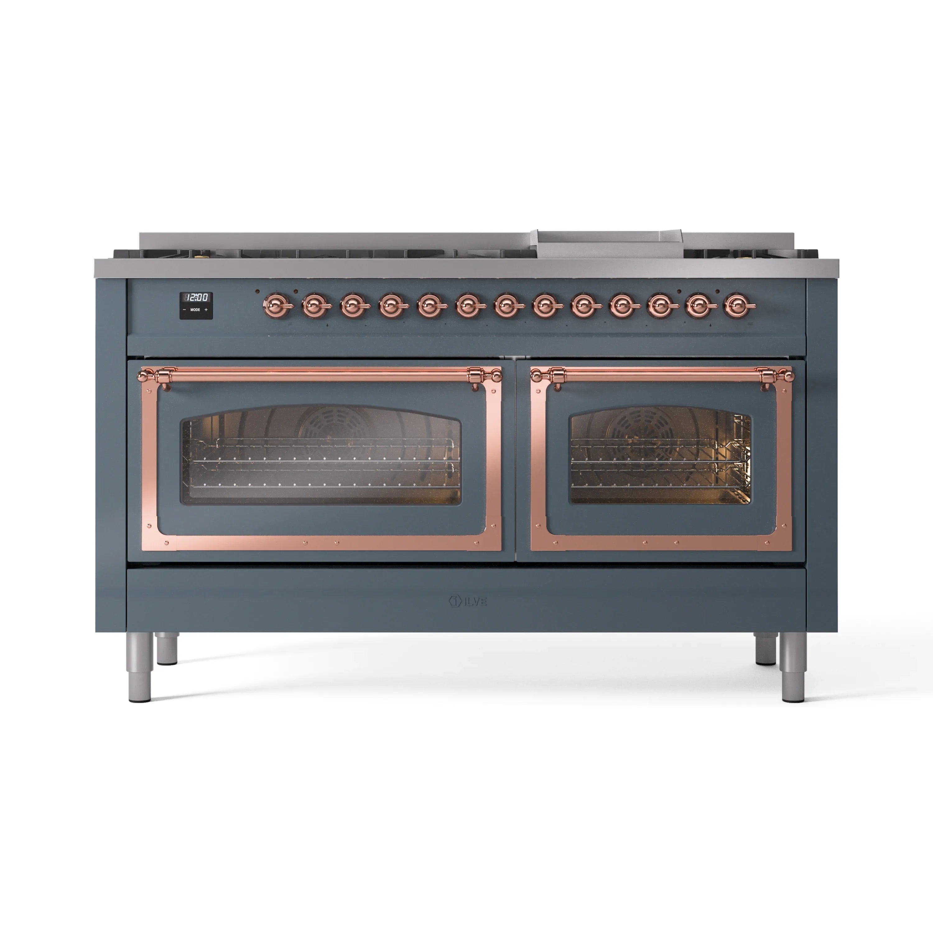 Blue-grey range with copper-trim doors, two ovens with racks visible