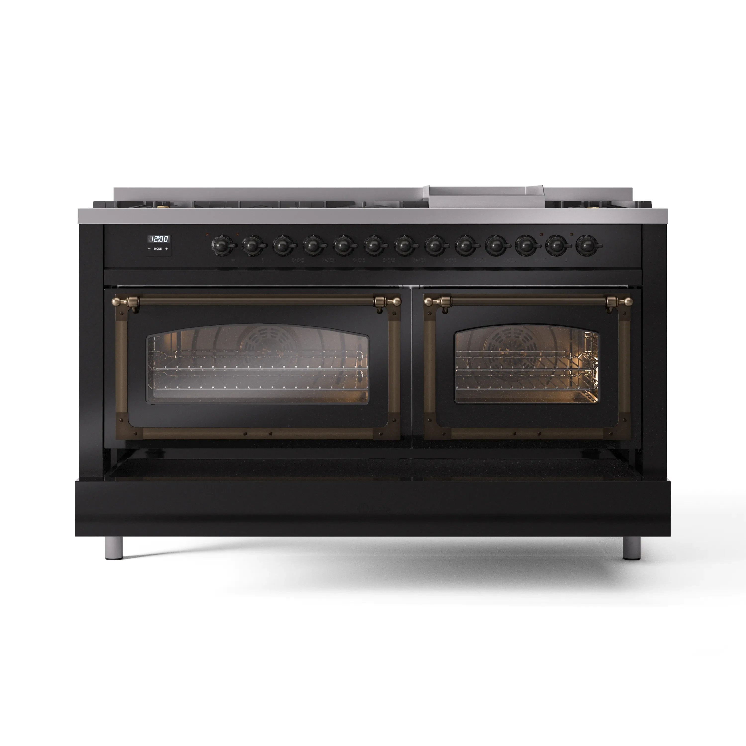 Black range front view with bronze door frames and glowing glass oven interiors