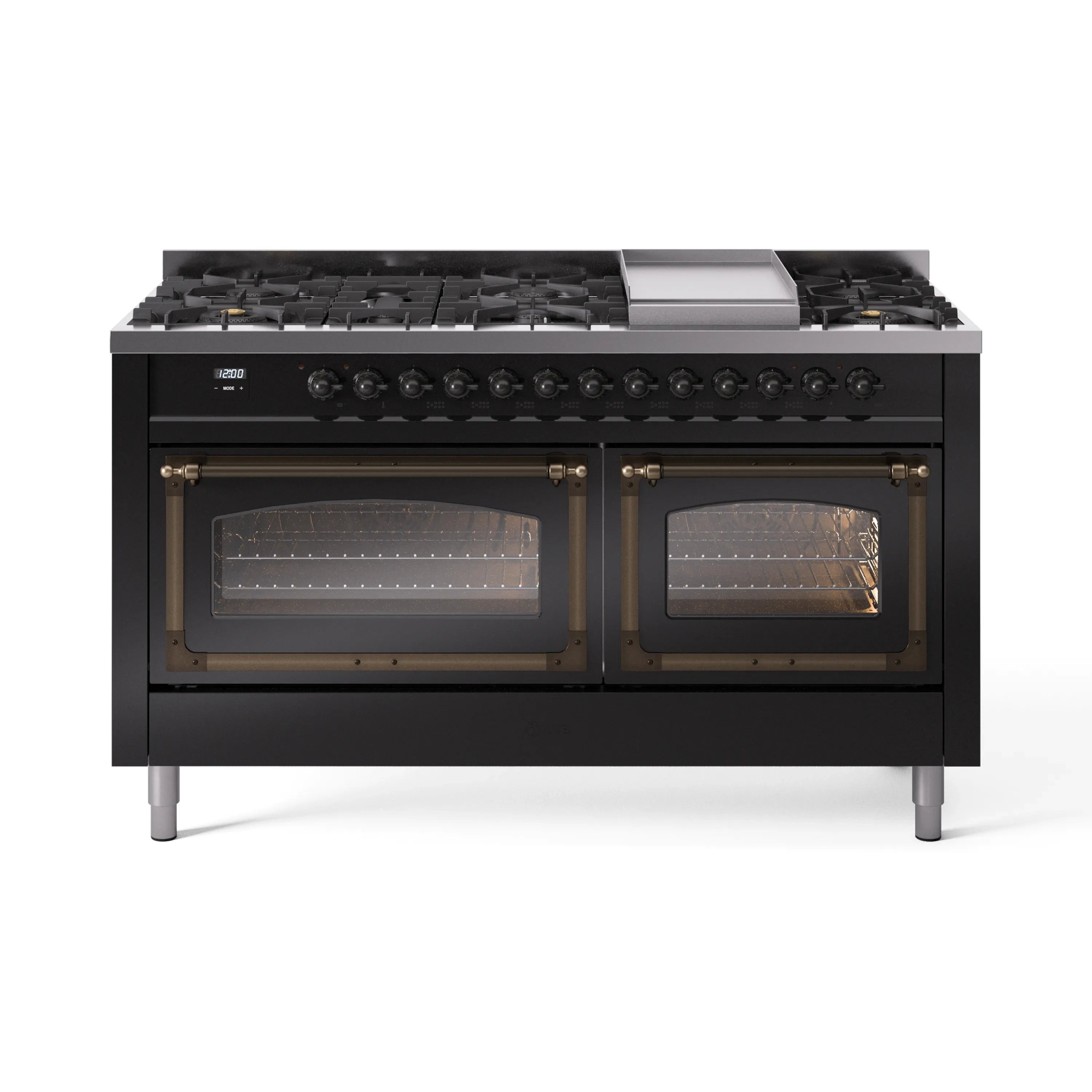 Glossy black dual-fuel range with bronze-trimmed burner knobs and two oven doors