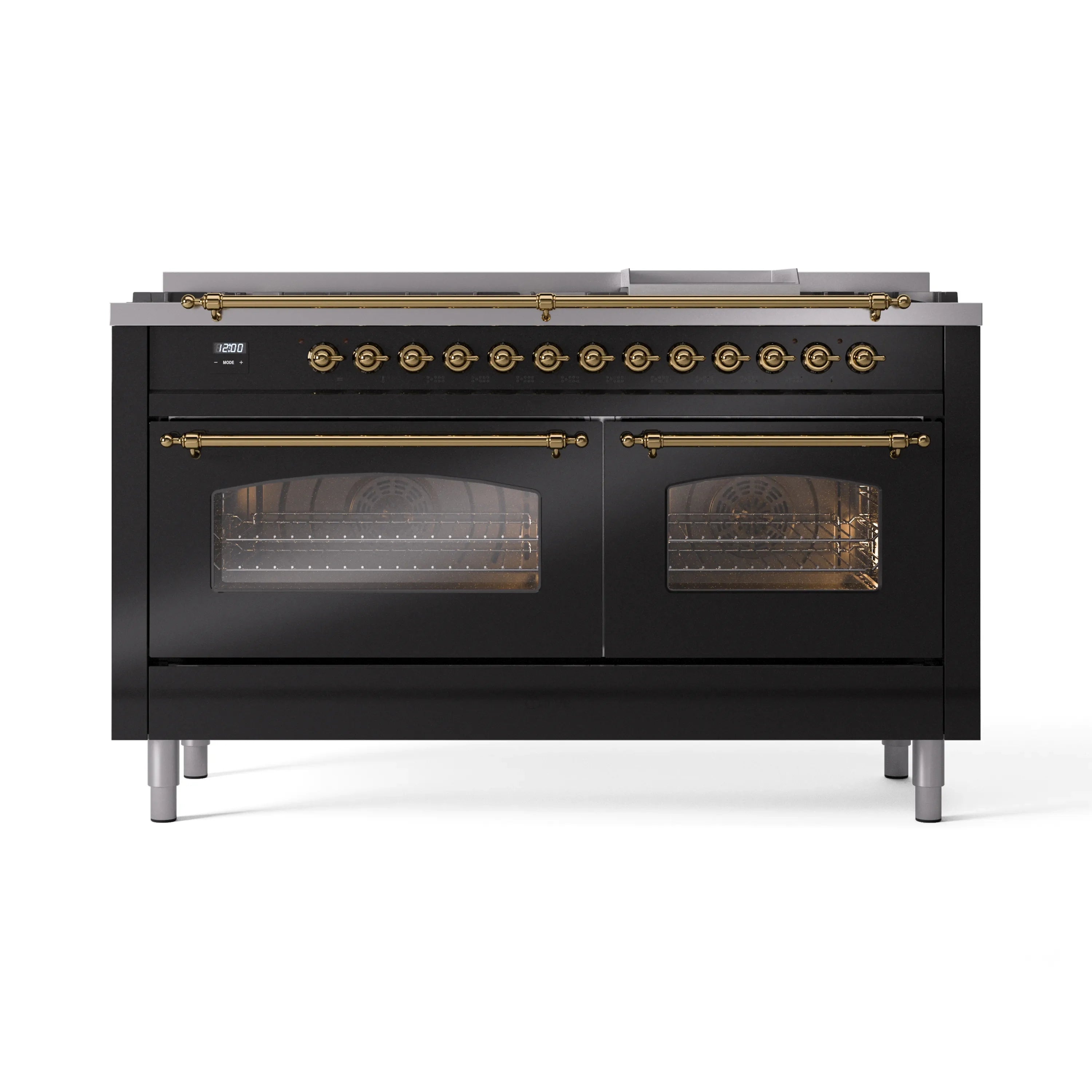 Glossy black dual-fuel range with brass controls and two glass oven doors