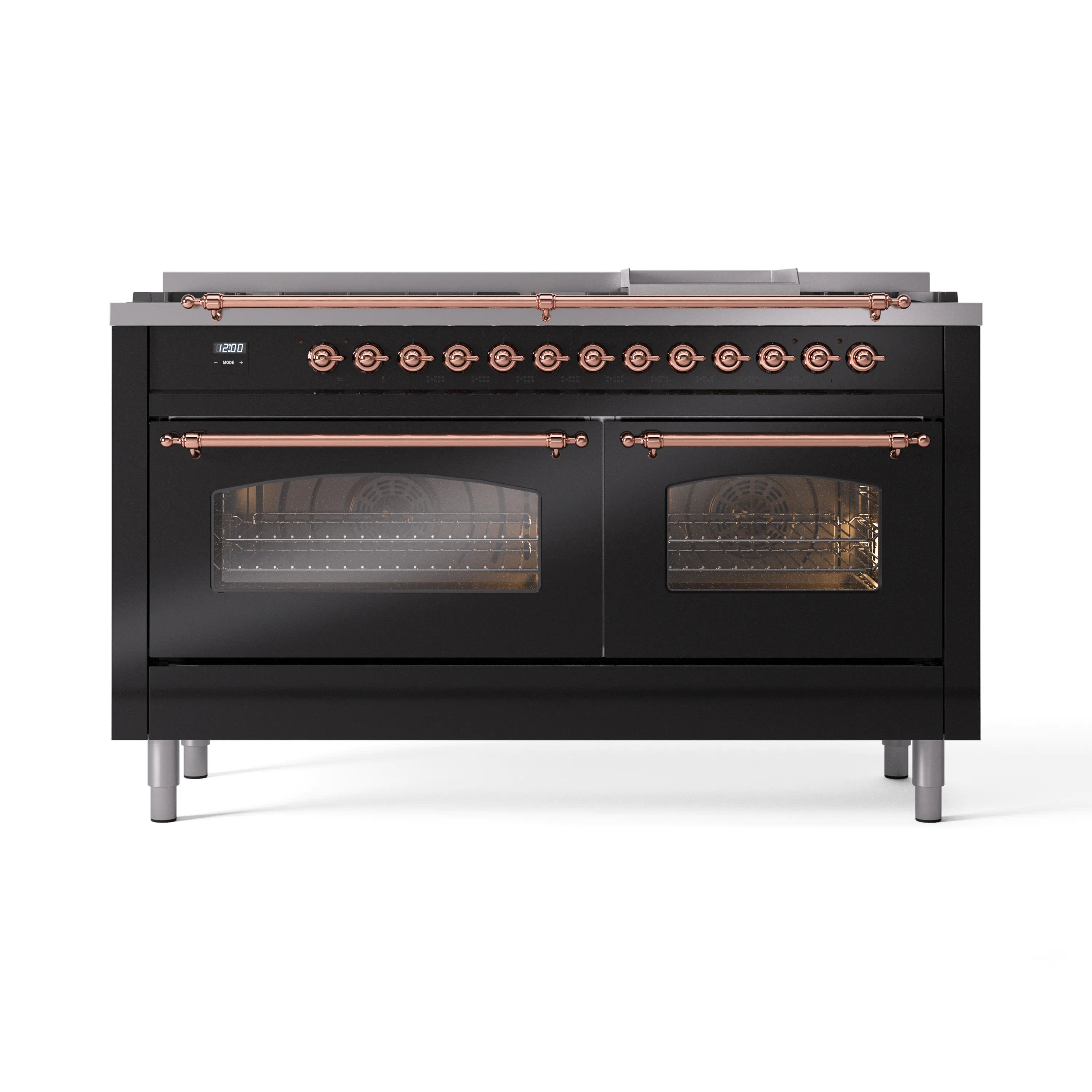 Glossy black dual fuel gas range with copper-trim control bar and dual glass oven doors