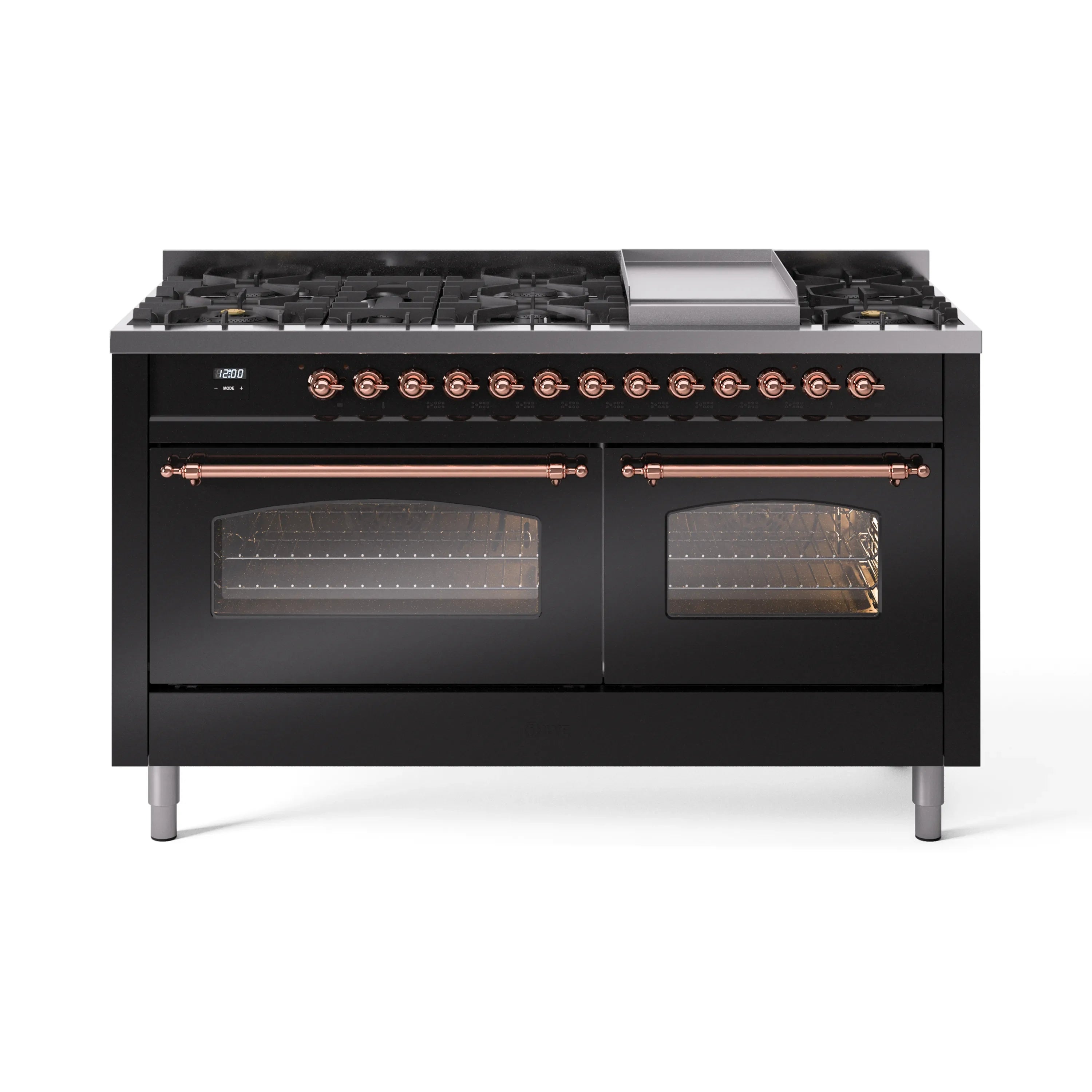 Glossy black dual fuel gas range with copper-trim knobs, 9 burners, and dual ovens