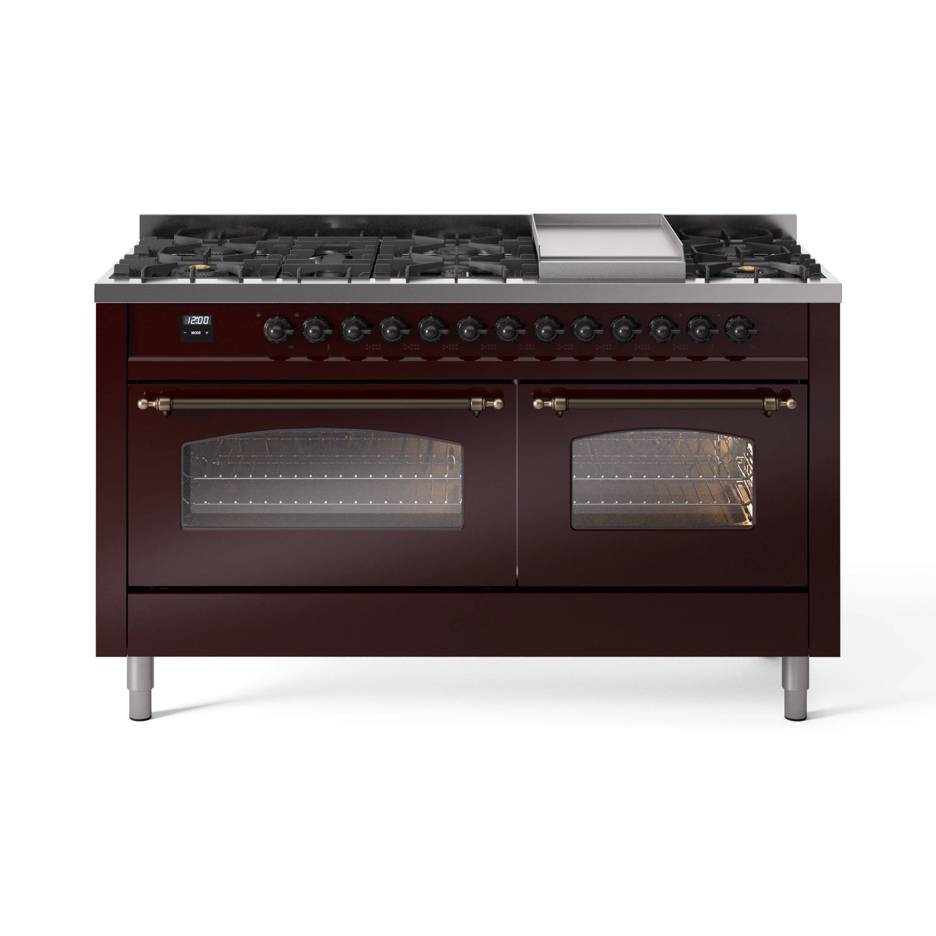Burgundy dual-fuel range with lit burners and two oven windows