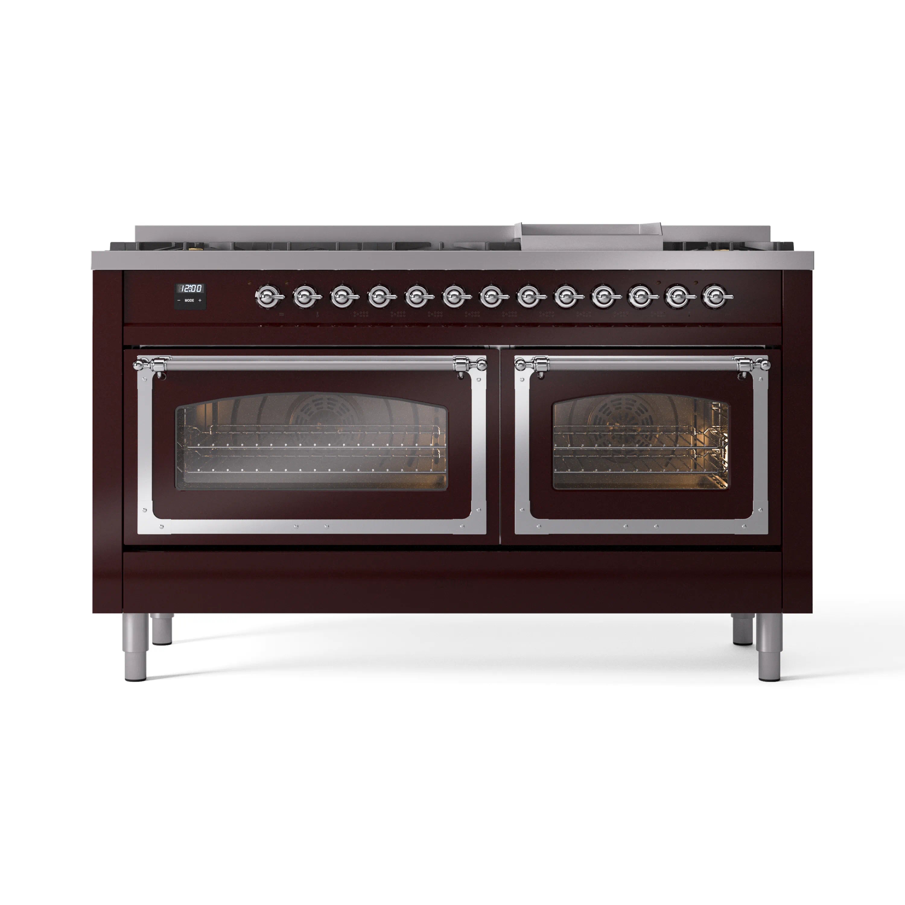 Burgundy dual fuel range with two oven doors closed and chrome trim, three-quarter view