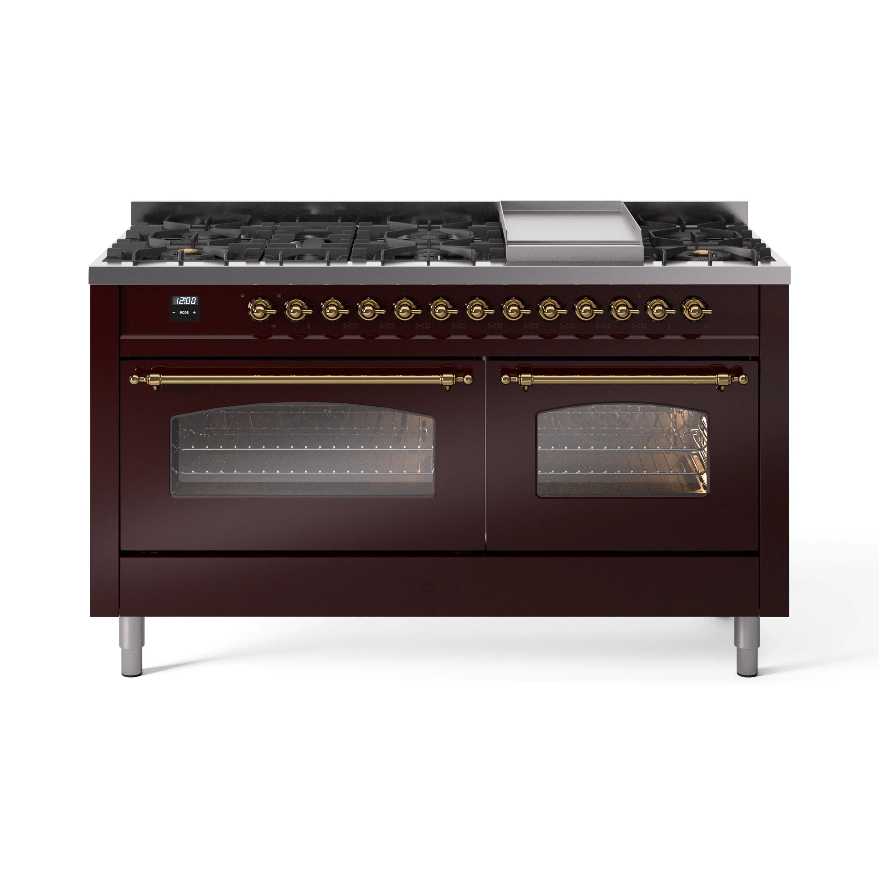Burgundy dual fuel range with brass trim, black griddle, and two glass oven doors