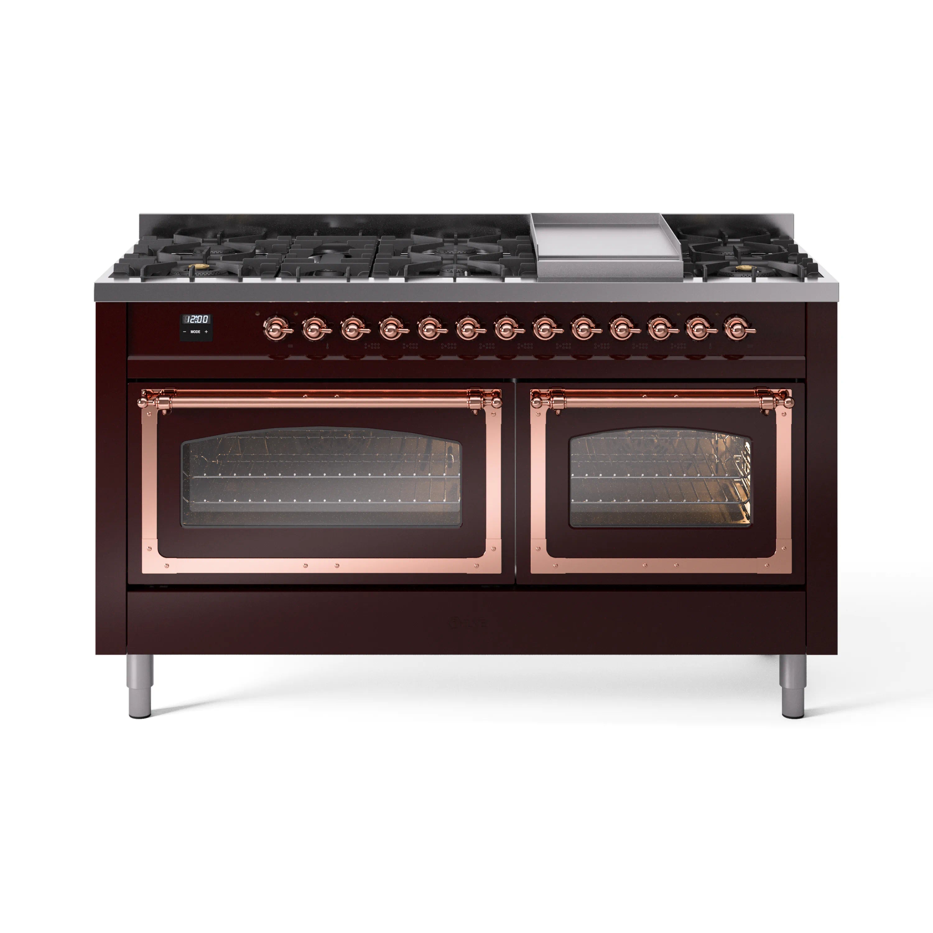 Burgundy dual fuel range with copper trim, dual ovens and black gas burners