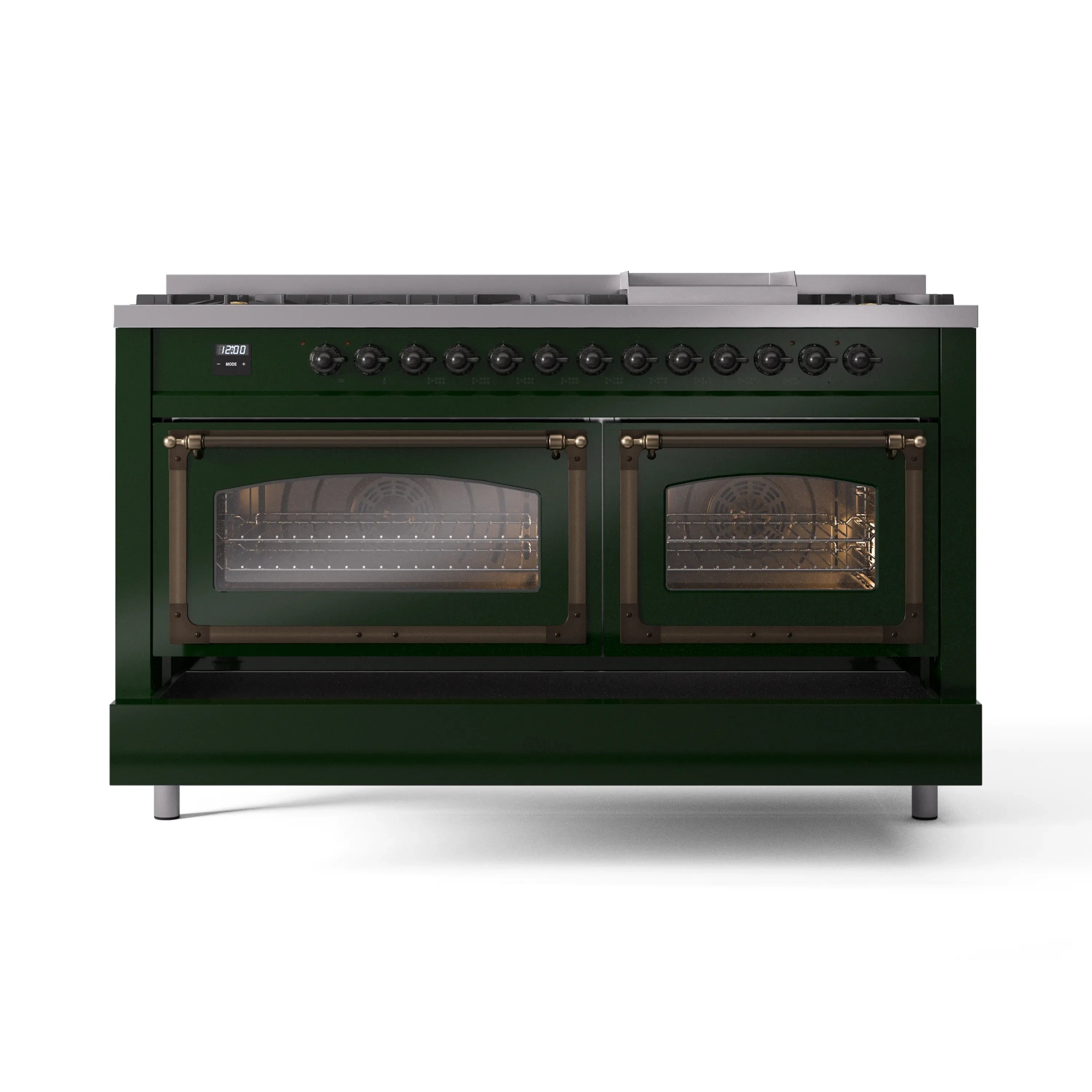 Emerald green gas dual fuel range with bronze oven doors and lit oven display windows