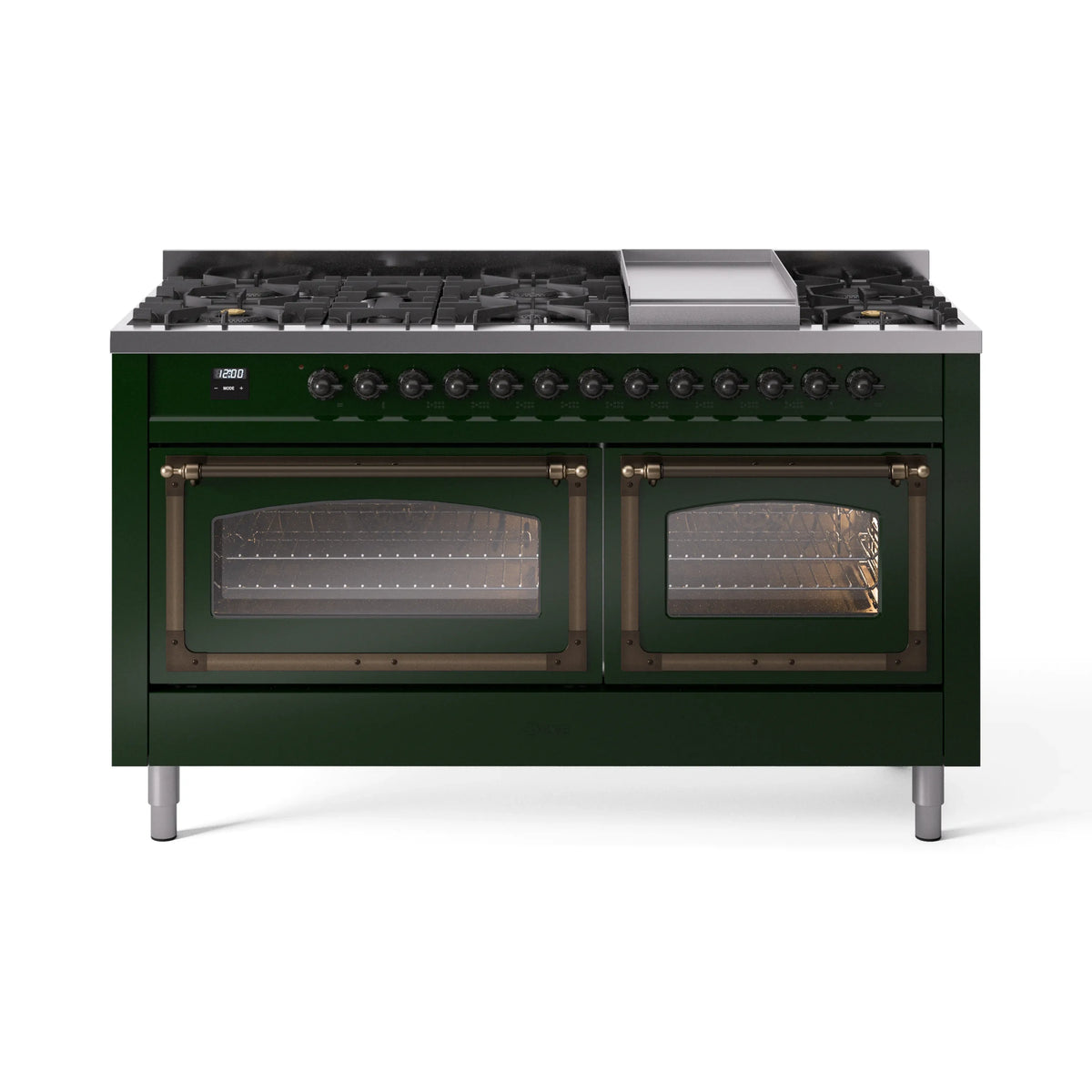 Emerald green dual fuel range with bronze trim, two oven windows, and gas burners