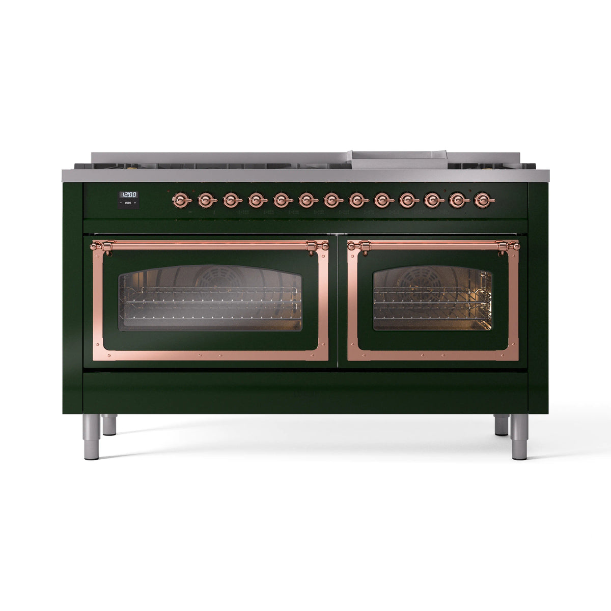 Emerald green dual fuel range with two closed oven doors and copper-trimmed frames
