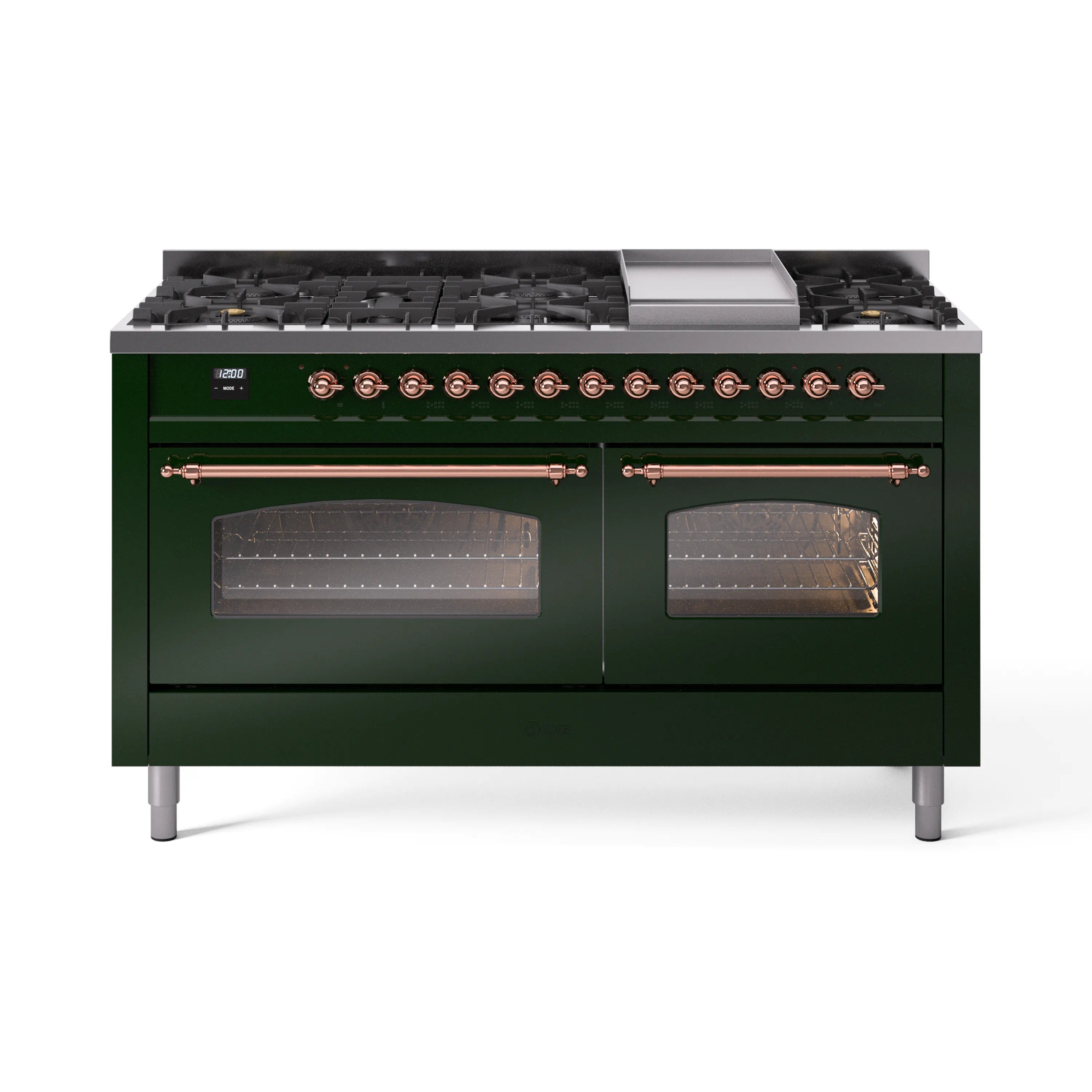 Emerald green dual fuel range with burner grates, two glass oven doors, copper trim