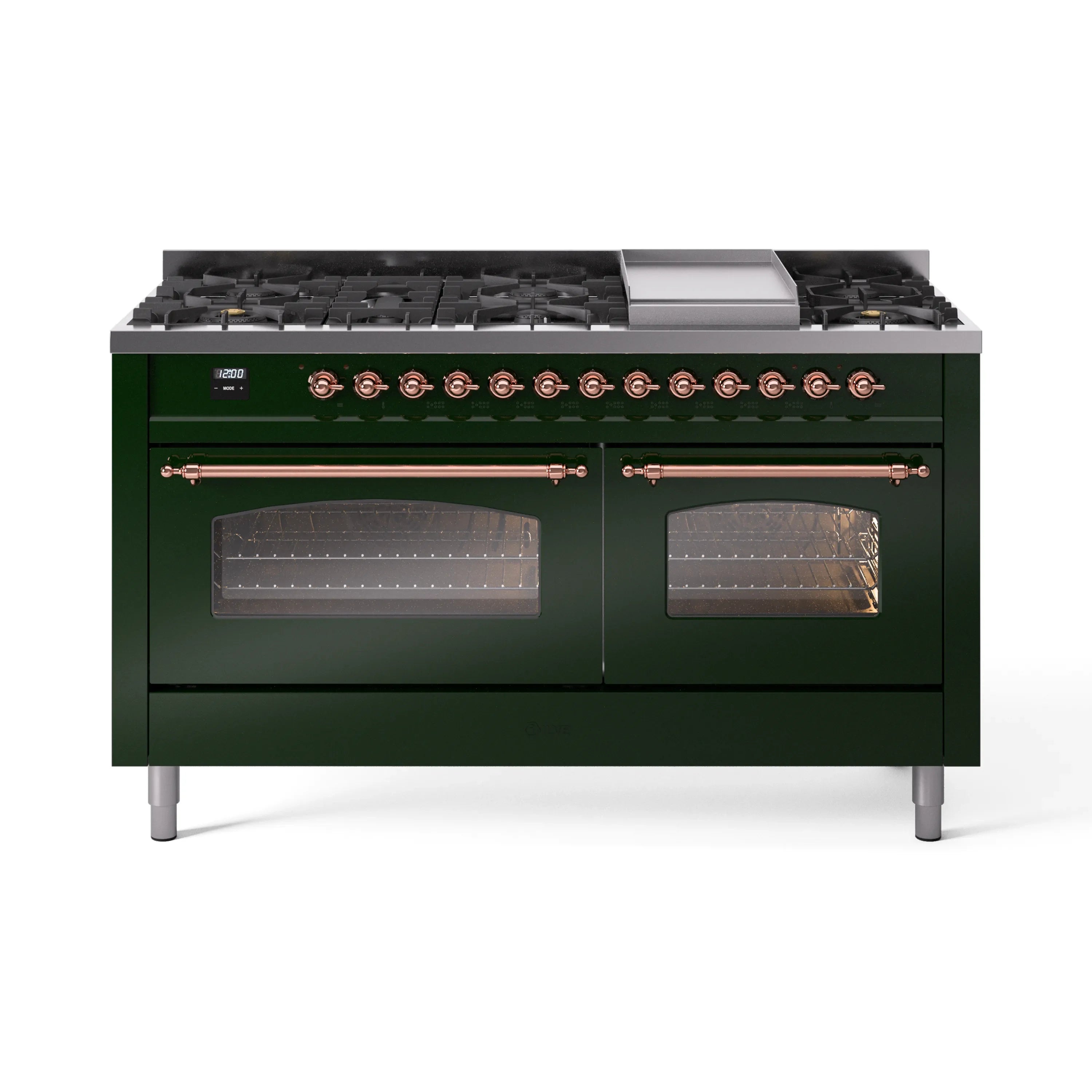 Emerald green dual fuel range with copper-trim knobs and two glass oven doors