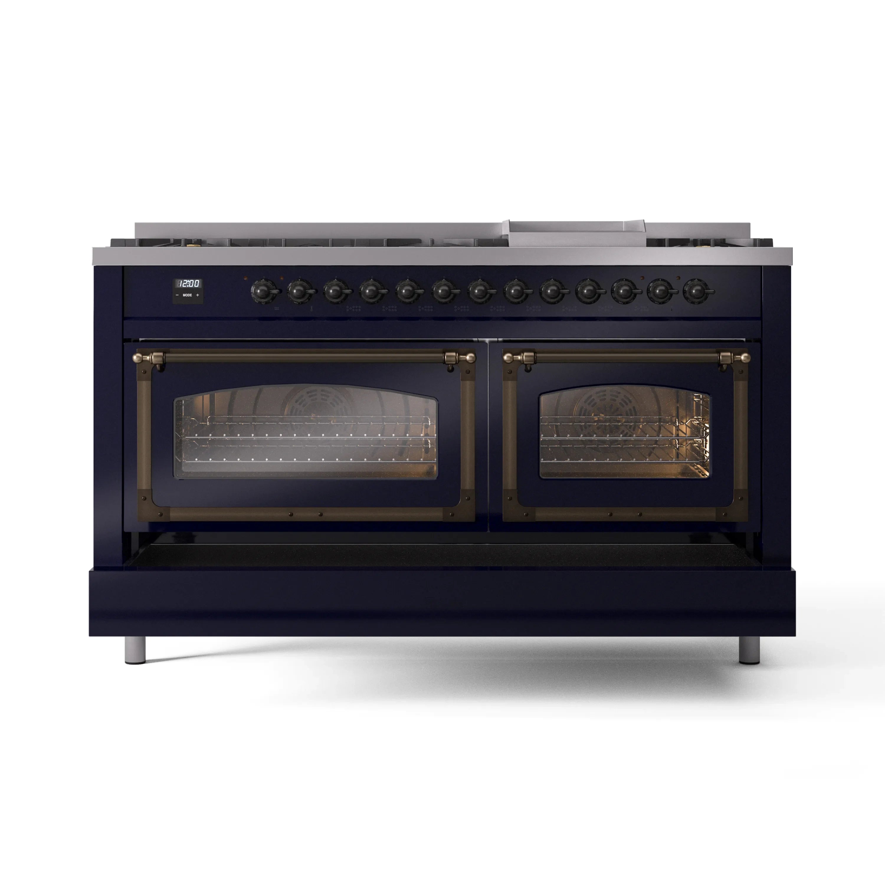 Midnight blue dual fuel range with bronze trim, front view of two oven doors and knobs