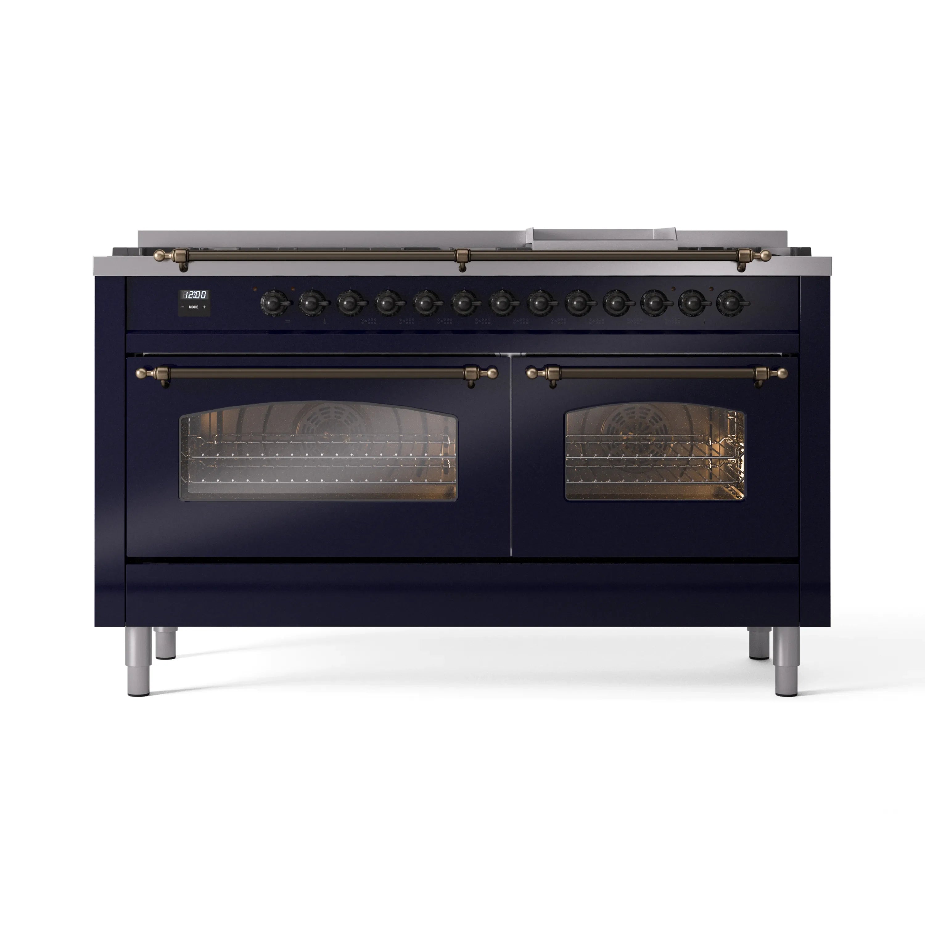 Midnight blue range front with burner control row and two glass oven windows