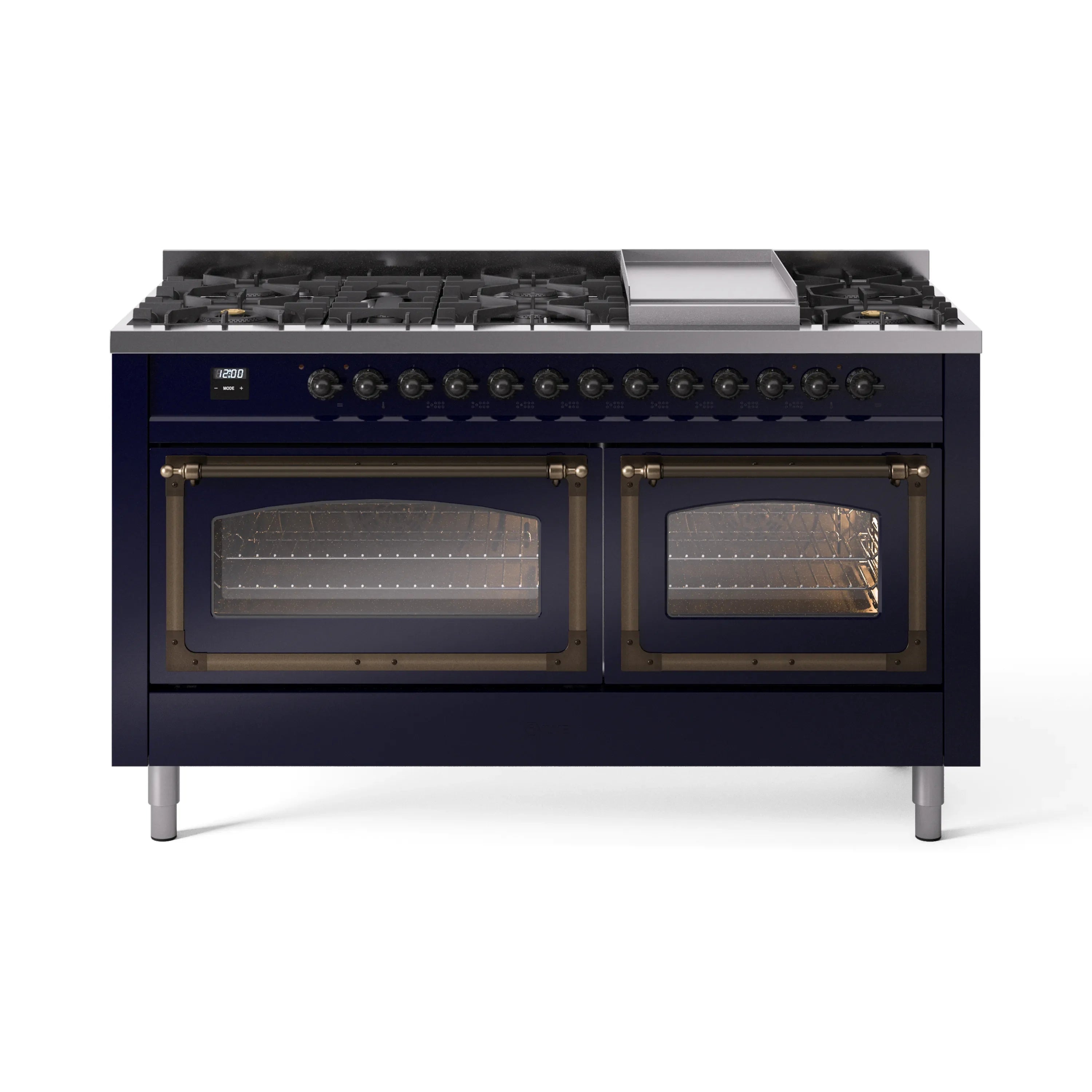 Midnight blue dual fuel range with bronze trim, two ovens, and front control knobs