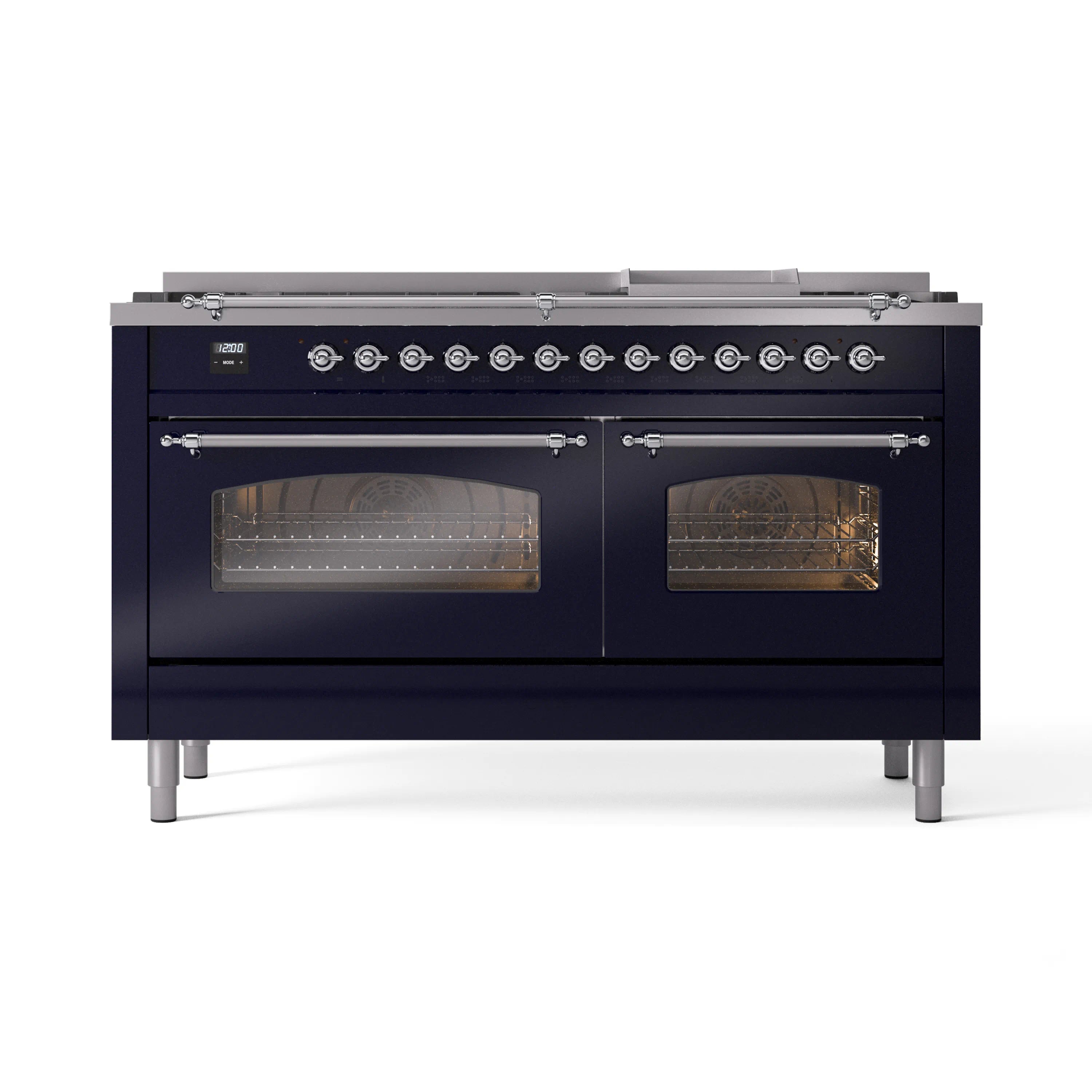 Midnight blue dual fuel gas range front with chrome knobs and dual glass oven doors