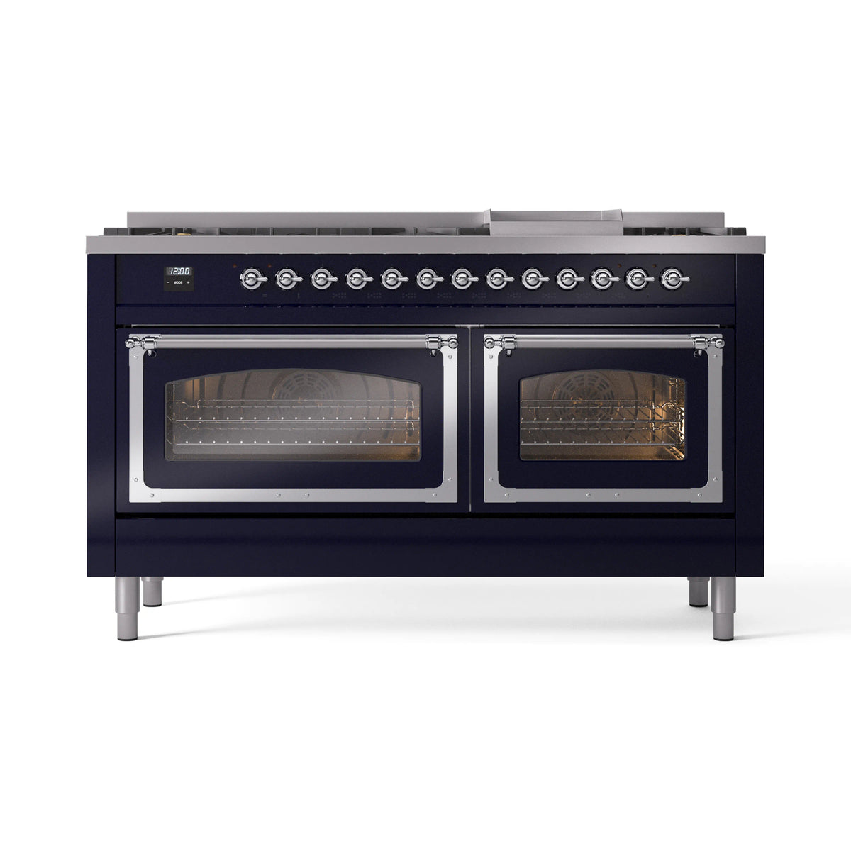 Midnight blue dual-fuel range with two oven doors and chrome trim, glass fronts