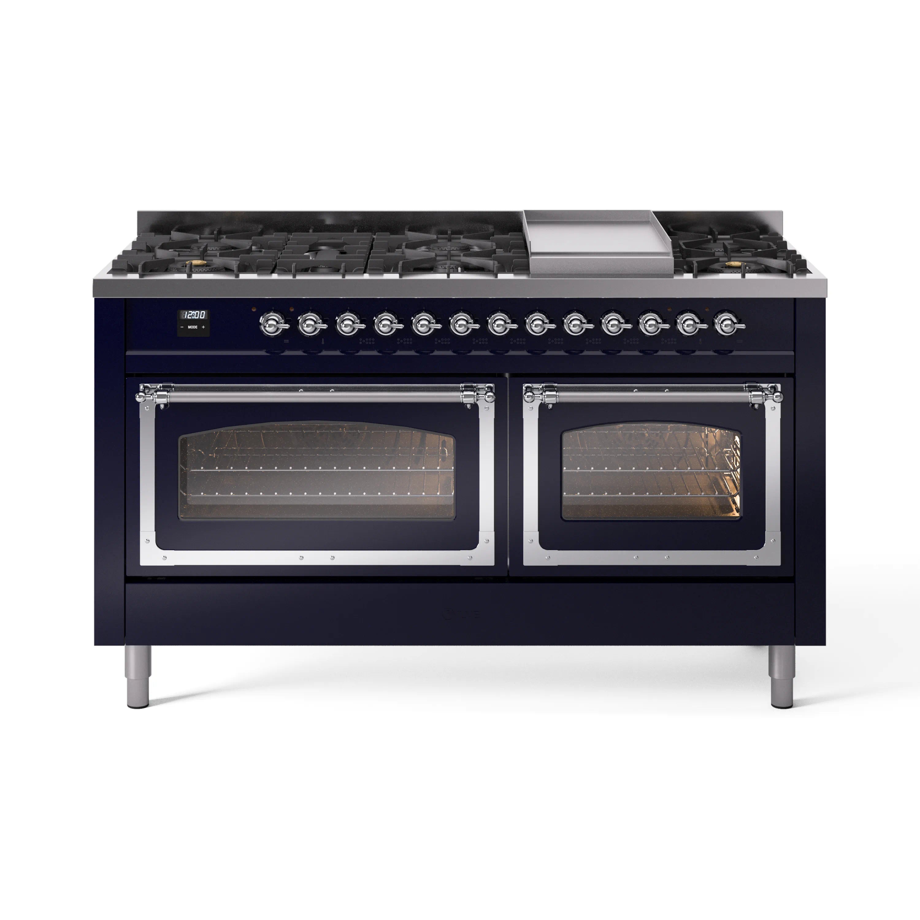 Midnight blue dual fuel range with chrome control knobs and four top burners