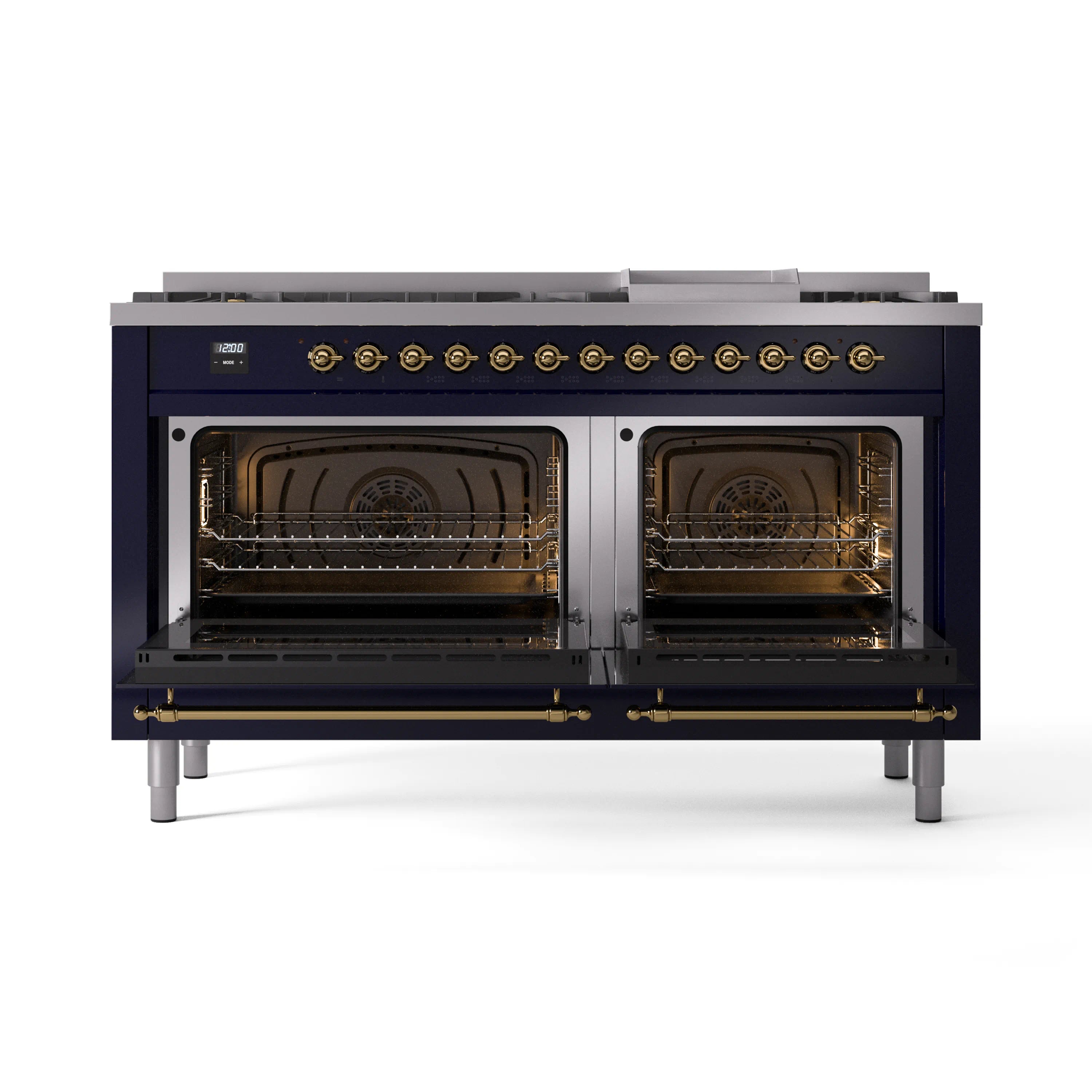 Midnight blue dual fuel gas range with brass trim, both ovens open showing racks and burners