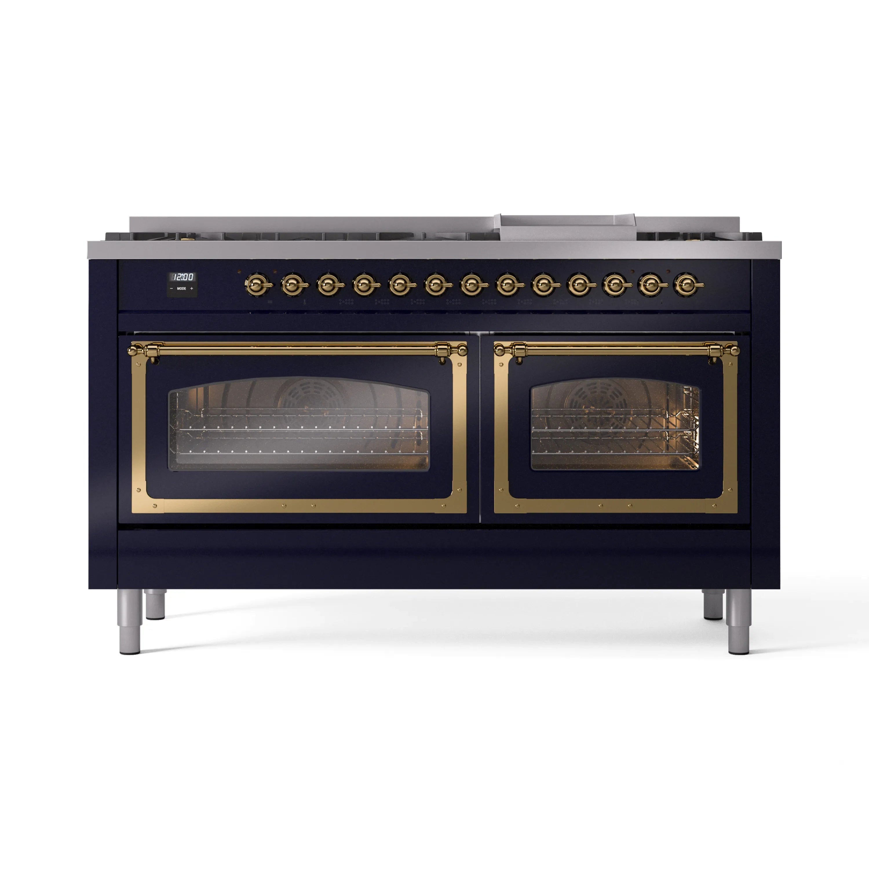 ILVE dual-fuel range in midnight blue with two brass-framed oven windows and burner knobs