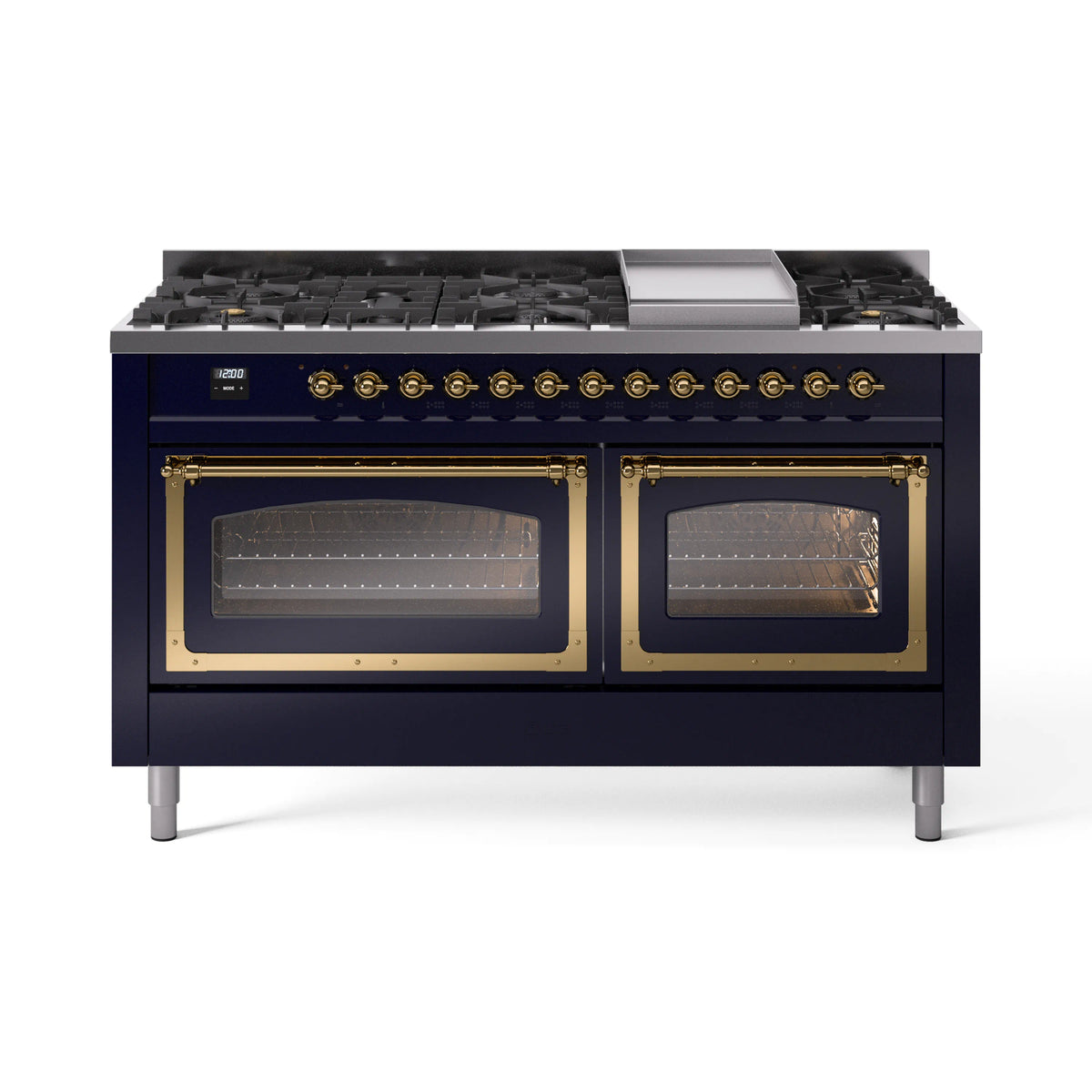 Midnight blue range with brass-trimmed ovens and stovetop burner grates