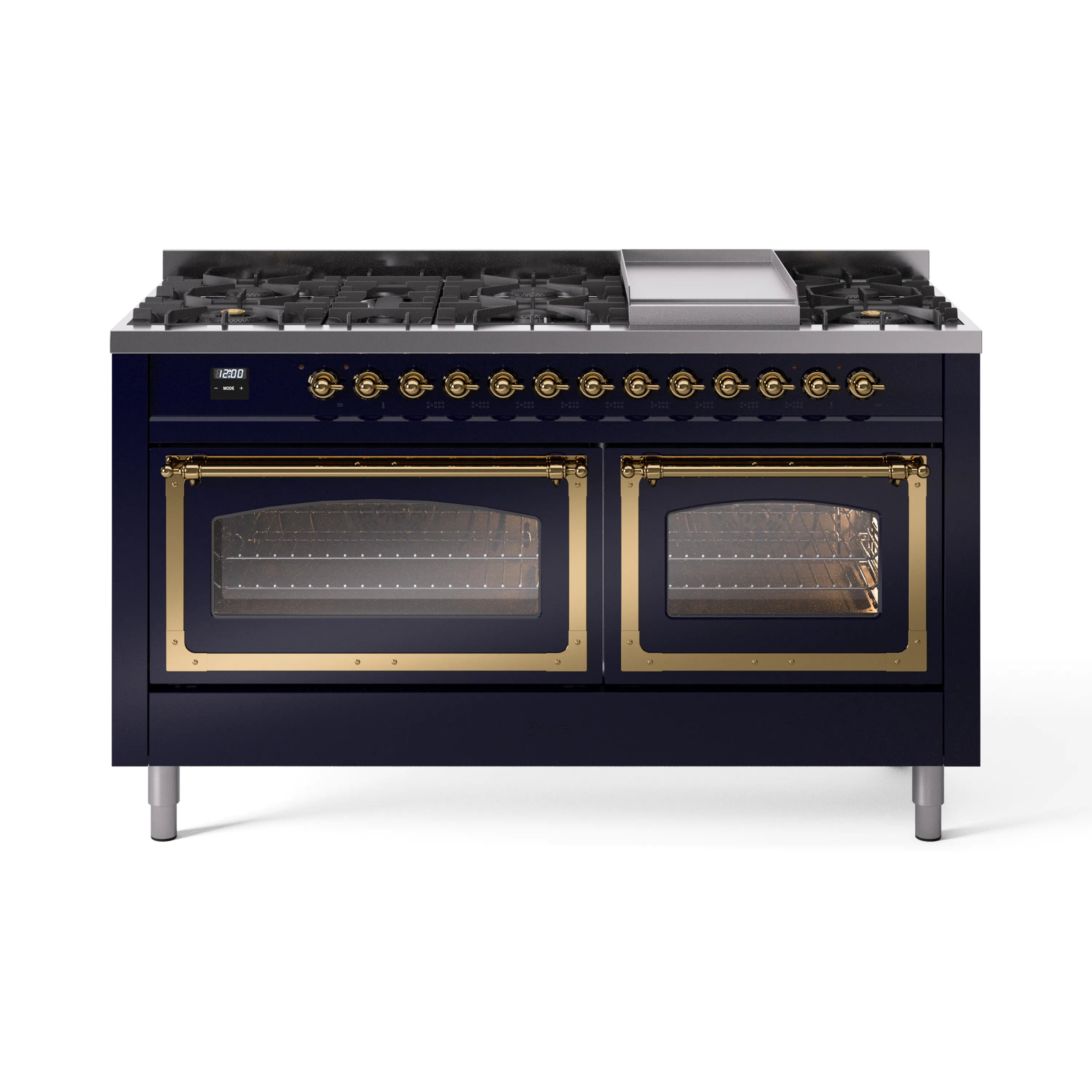 ILVE dual-fuel range in midnight blue with brass-trimmed double oven doors and burner grates