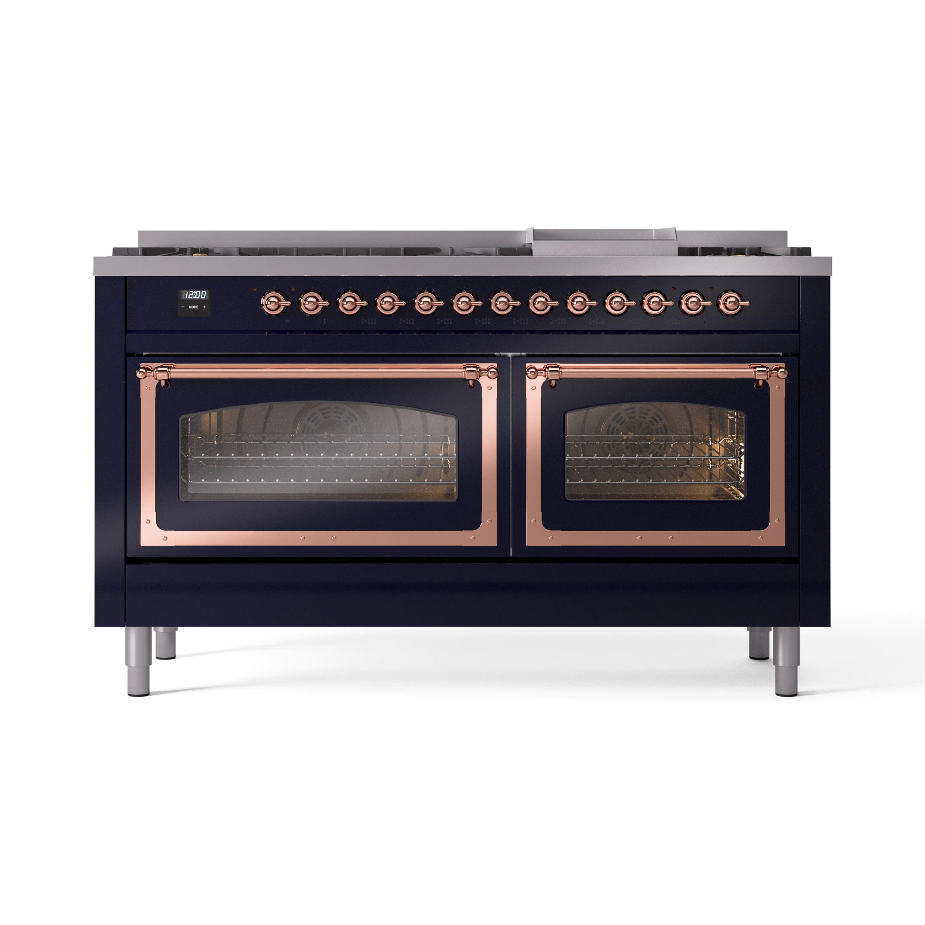 Midnight blue dual oven range with copper-trim doors and closed glass windows