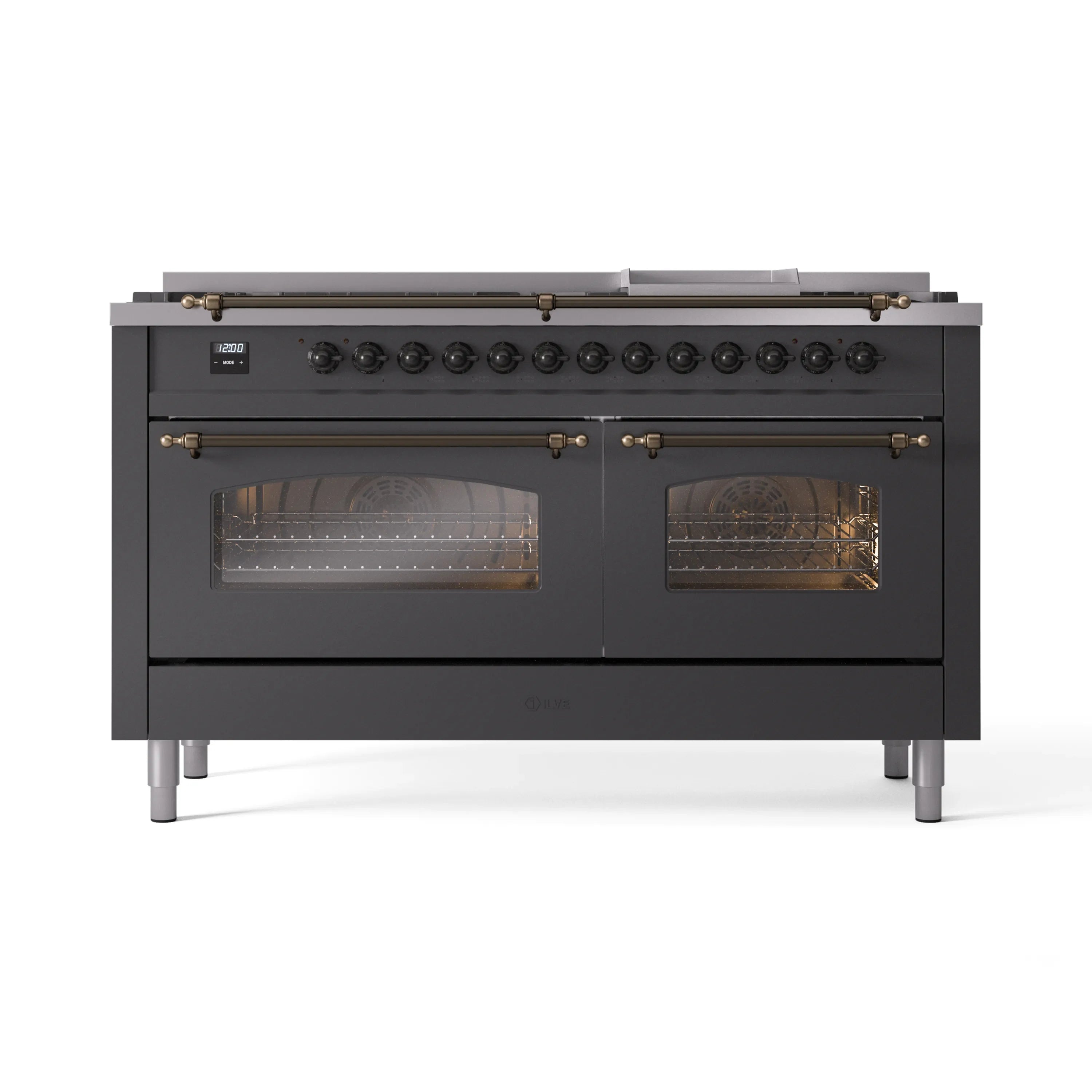 Matte graphite dual-fuel range front view with bronze control knobs and glass oven windows