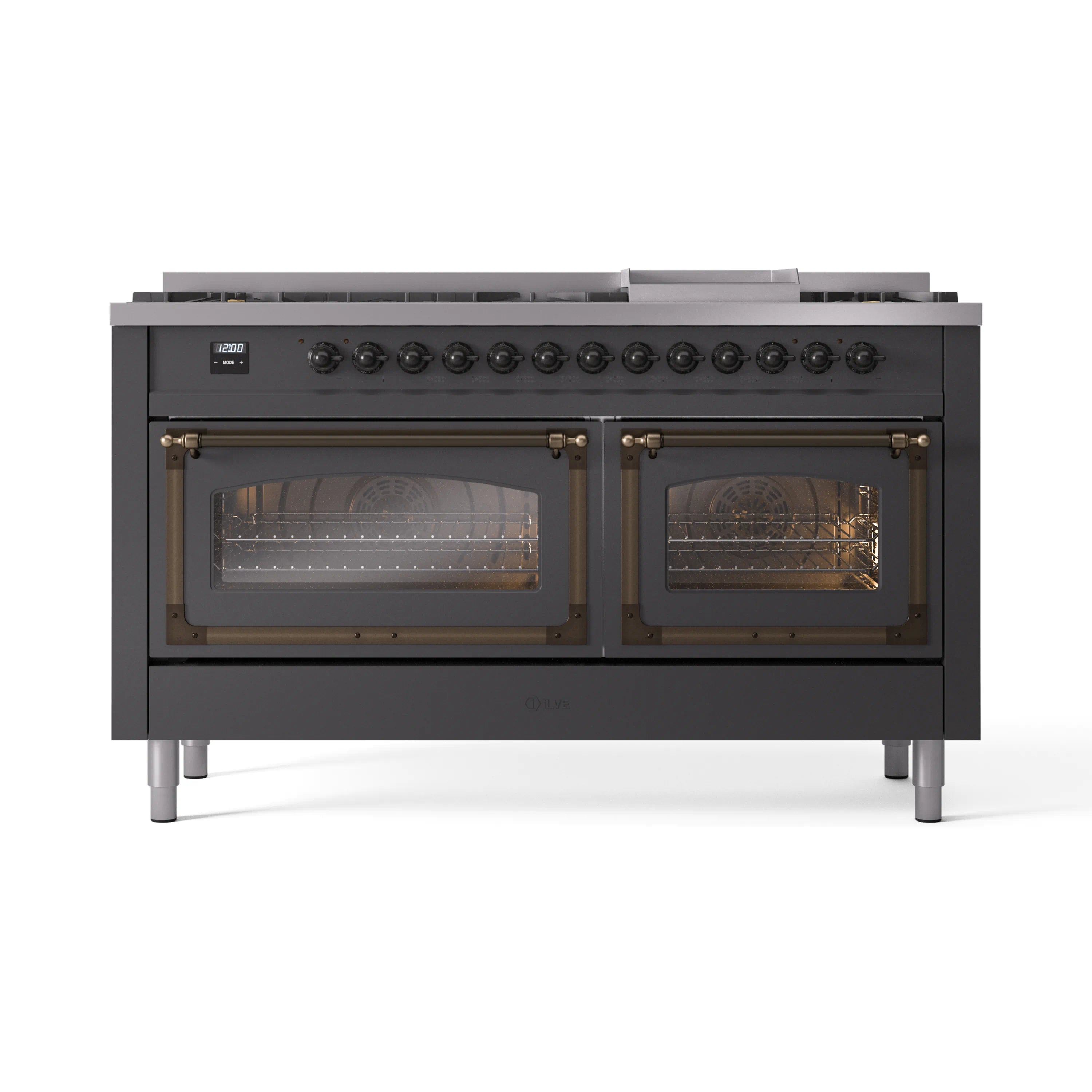 Matte graphite range with nine burner grates and two closed oven doors, bronze accents