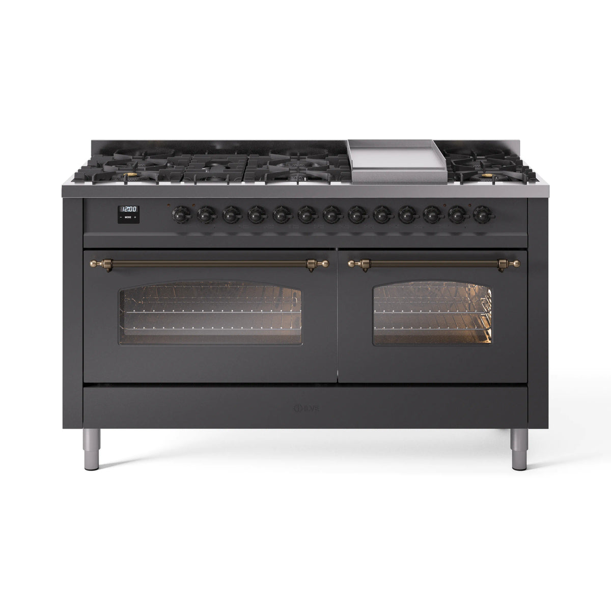 Matte graphite dual fuel range with cooktop burners and two oven doors showing lit interiors
