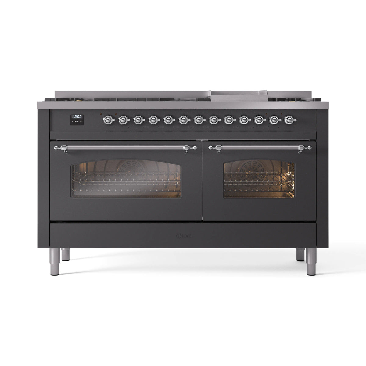 Matte graphite dual-fuel range with chrome trim, glass oven doors and burner control knobs