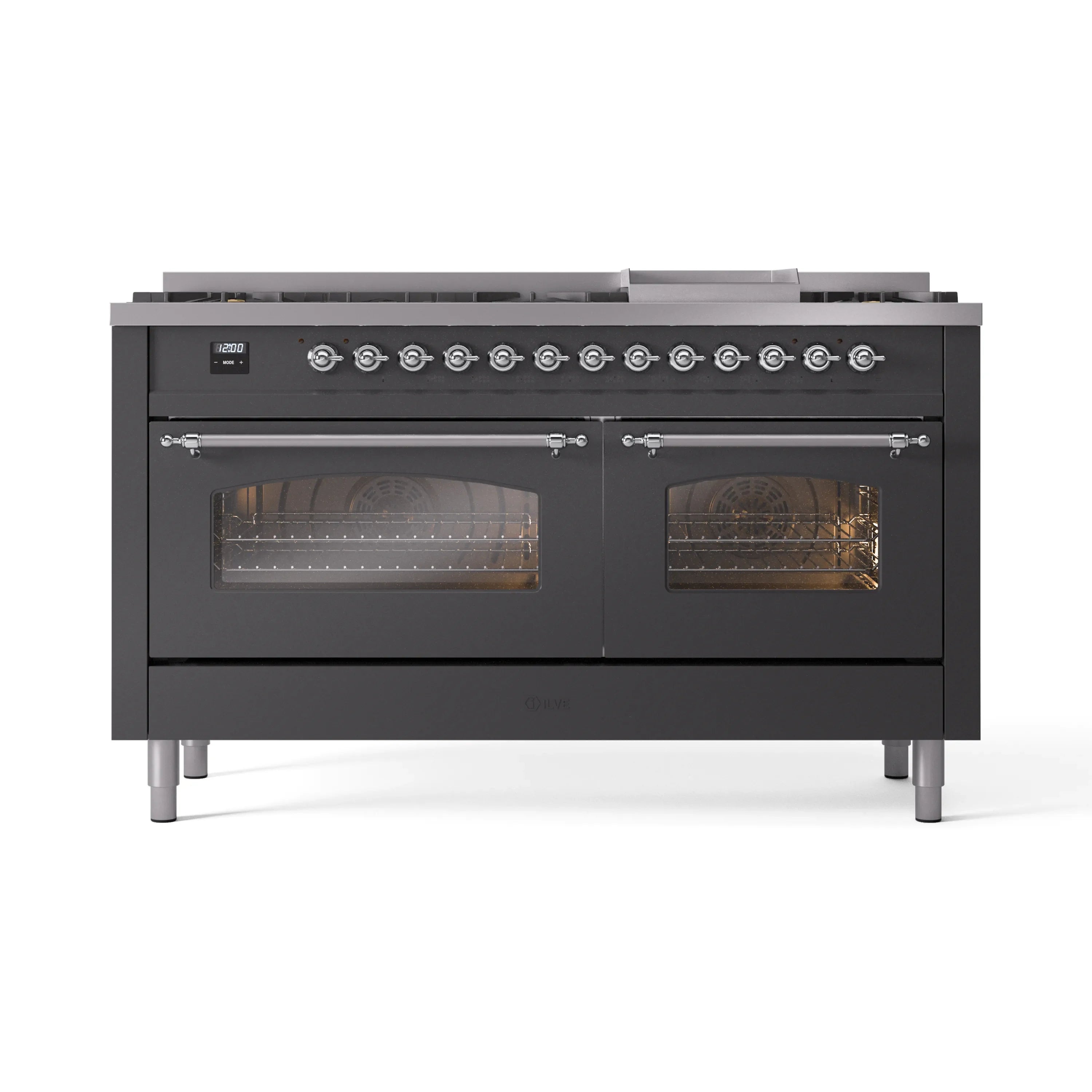 Matte graphite dual fuel range with chrome trim, 9 burners, and two visible oven doors with glass