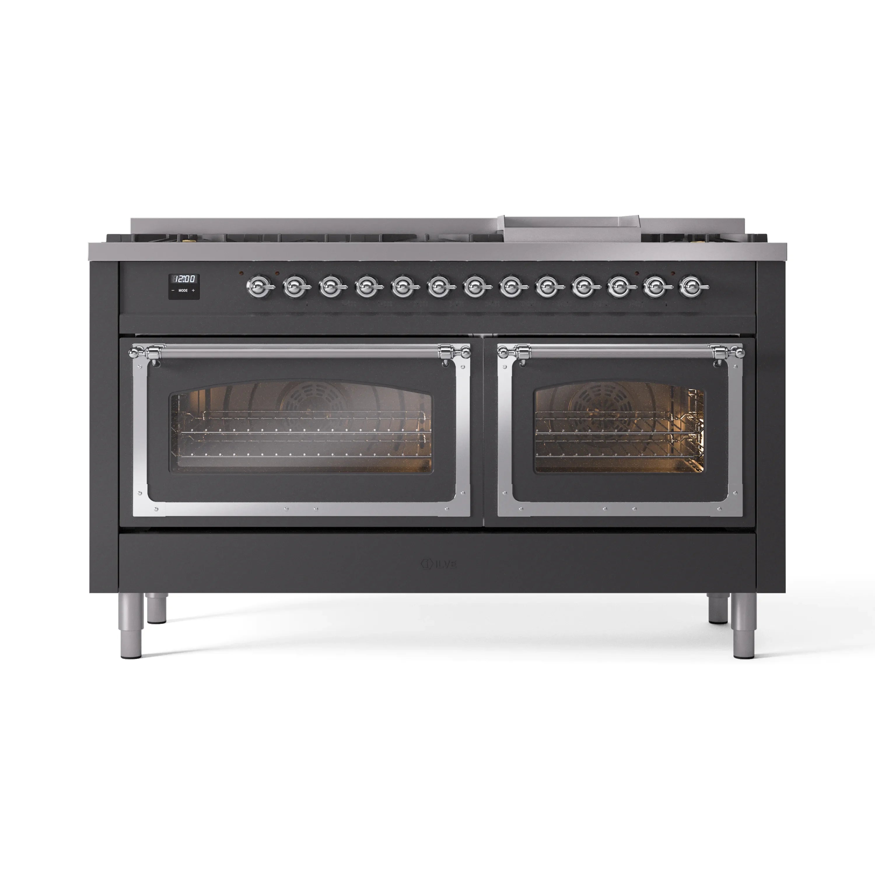 Matte graphite dual fuel range with chrome trim, two front oven doors with viewing glass
