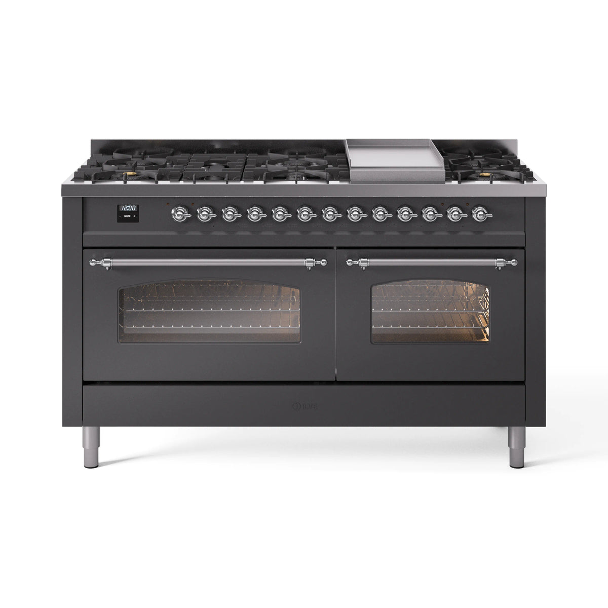 Matte graphite dual-fuel range with burner grates and two oven doors with glass windows