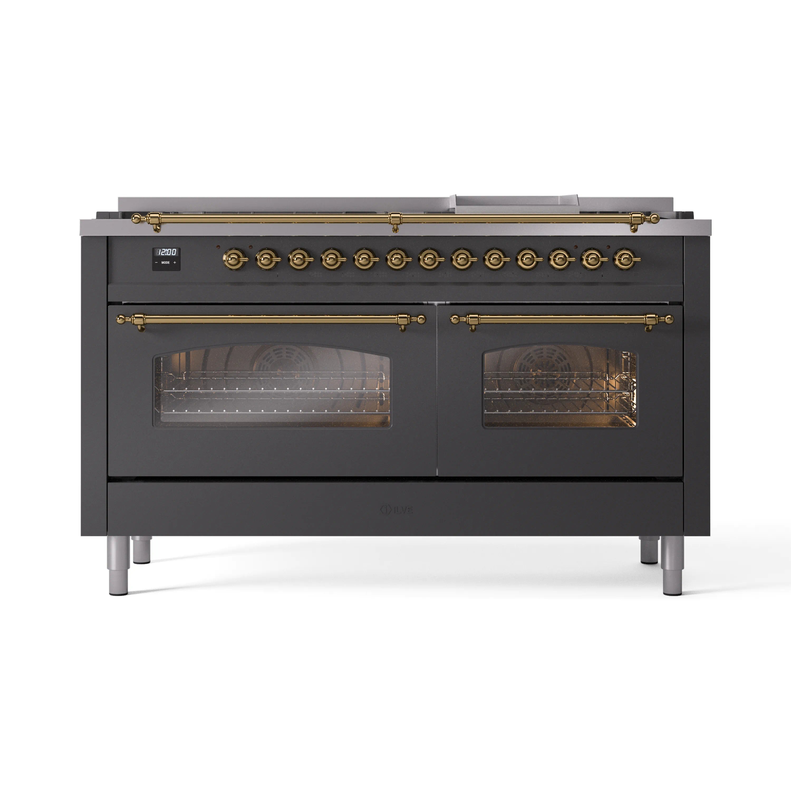 Matte graphite dual-fuel range with brass knobs and two closed glass oven doors