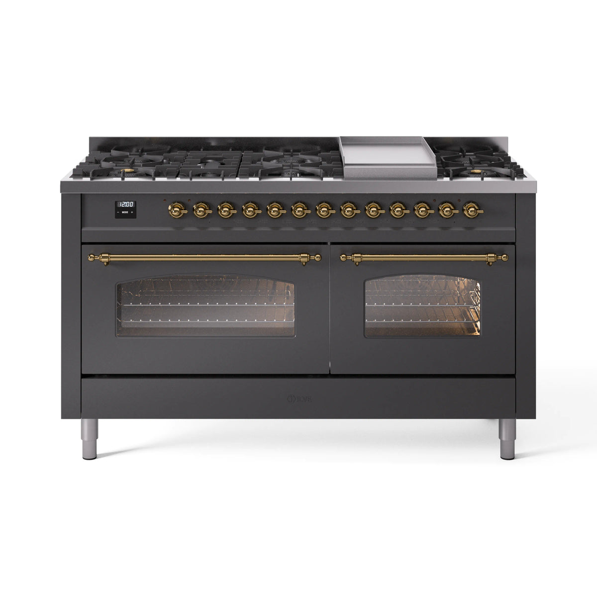 Matte graphite dual-fuel range with brass burner controls and two glass-front oven doors