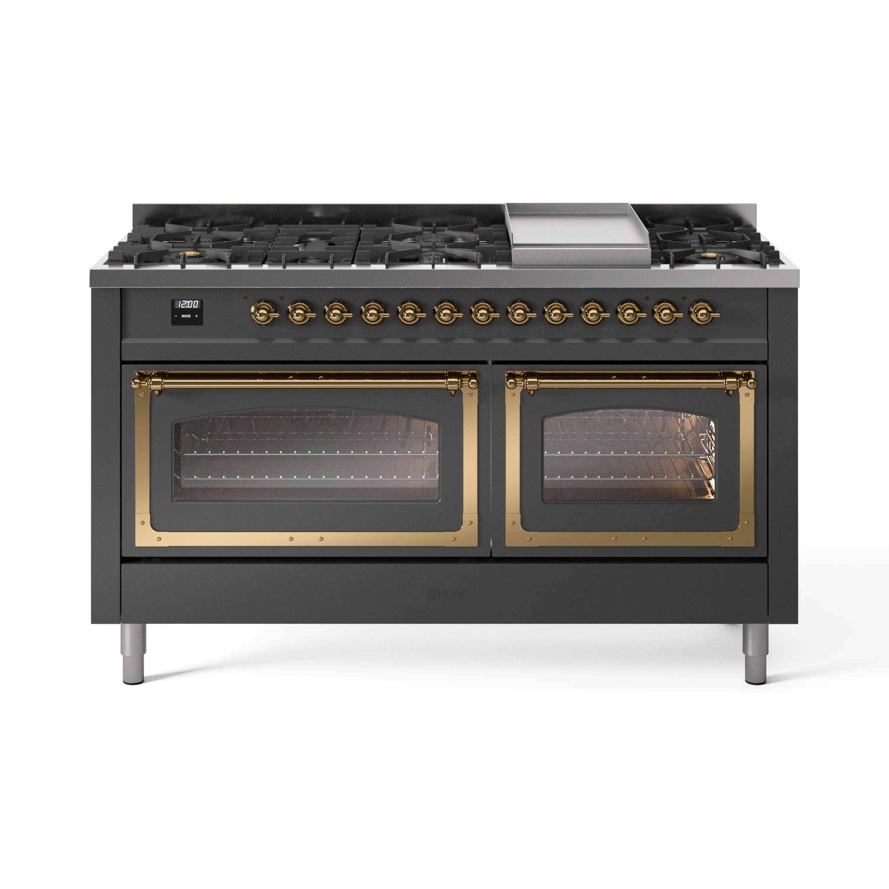 Matte graphite dual fuel range with brass-trim ovens and control knobs, front view