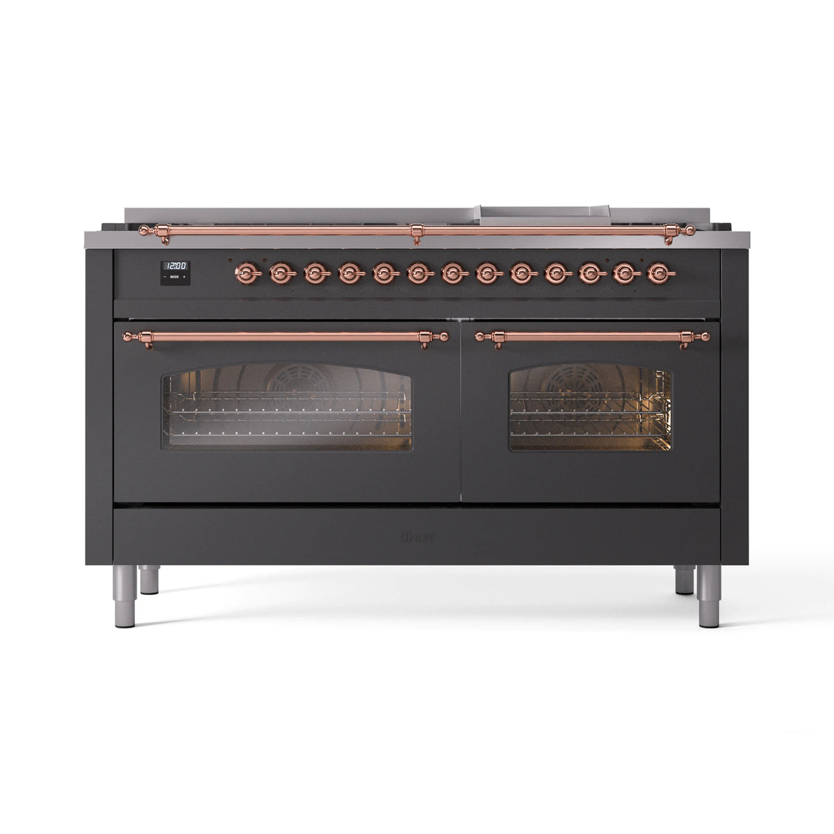 Matte graphite gas dual oven range with copper control knobs, double glass doors