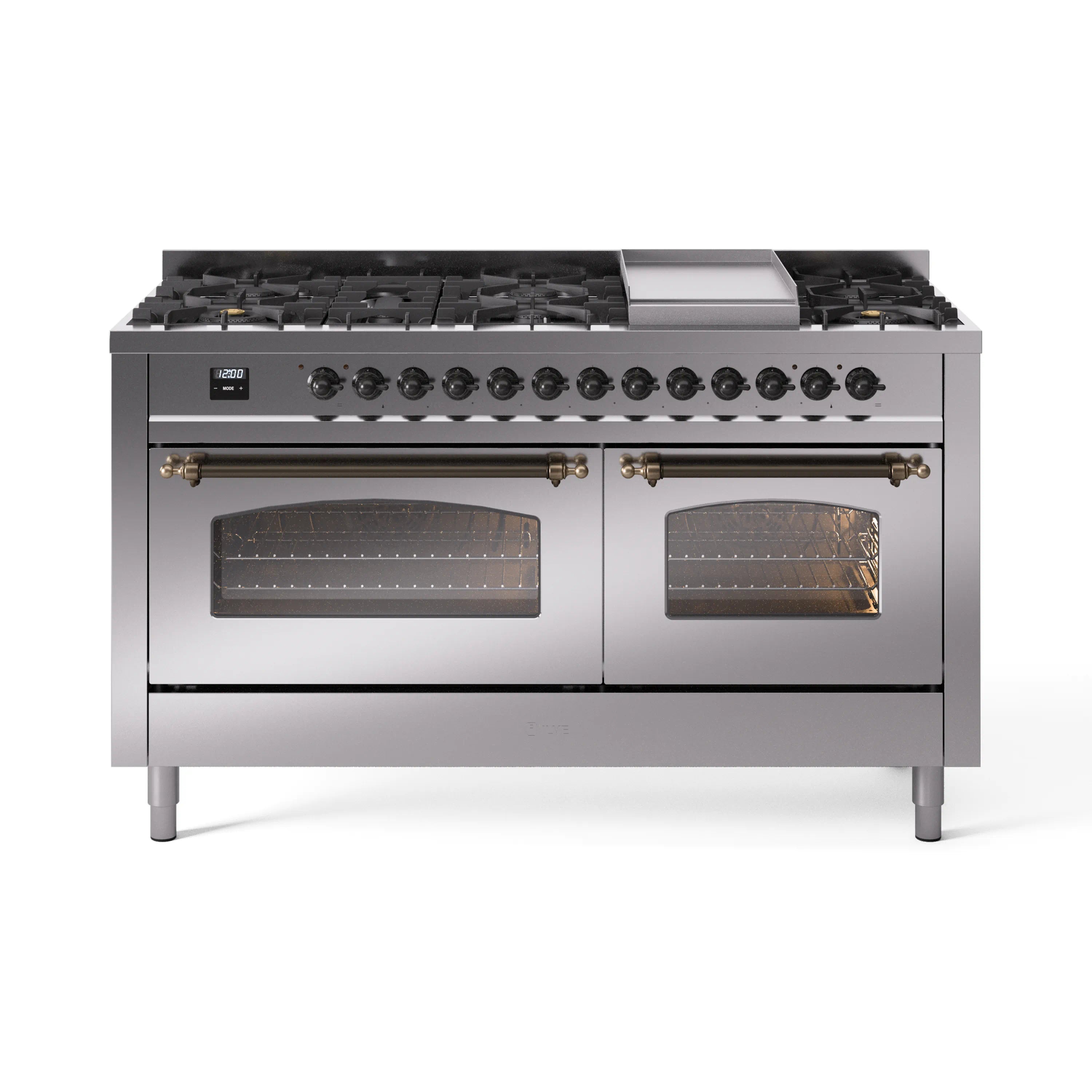Stainless steel dual-fuel gas range with two oven windows and bronze-trimmed door handles
