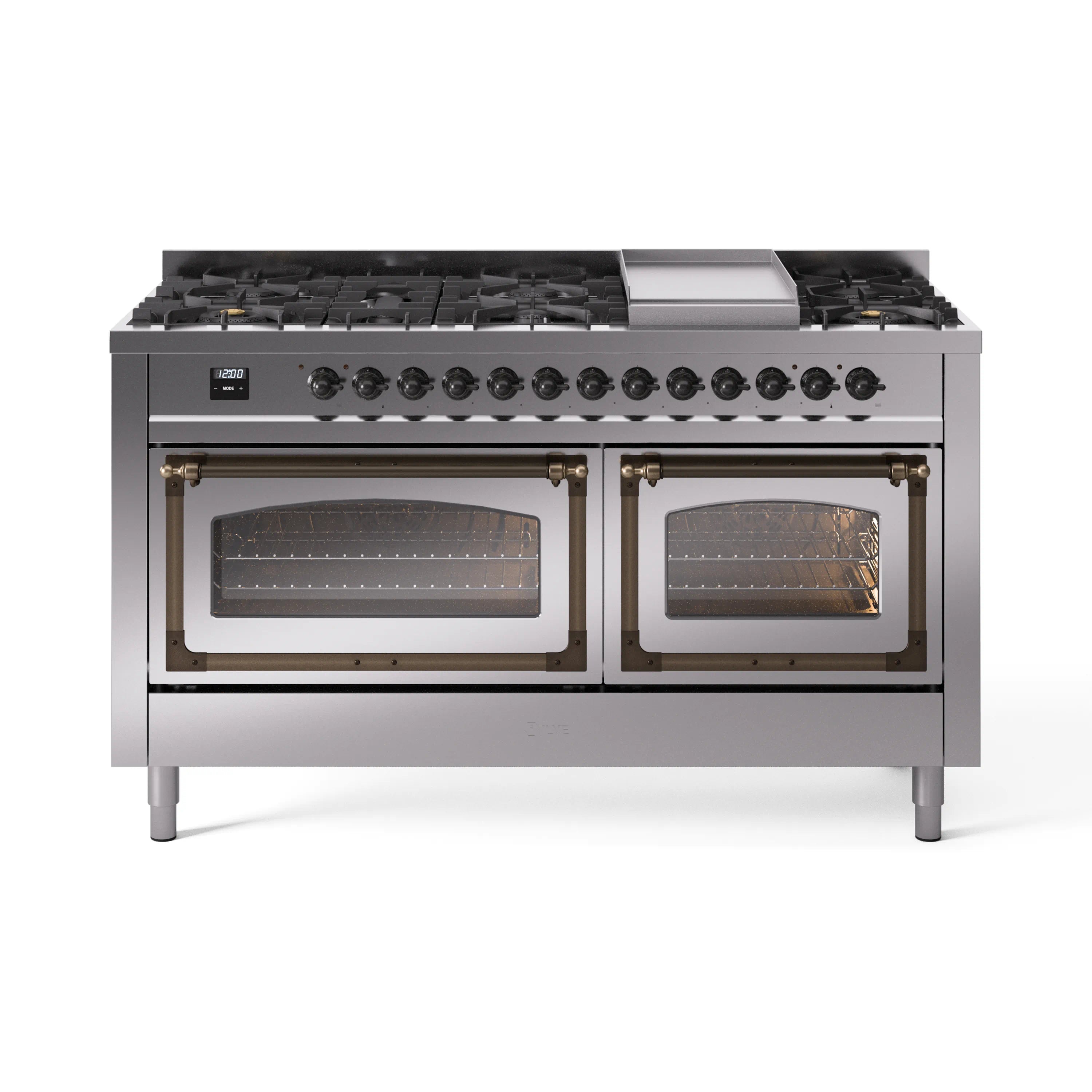 ILVE 60-inch dual fuel range with stainless front, bronze-trim double oven doors, and cooktop burners