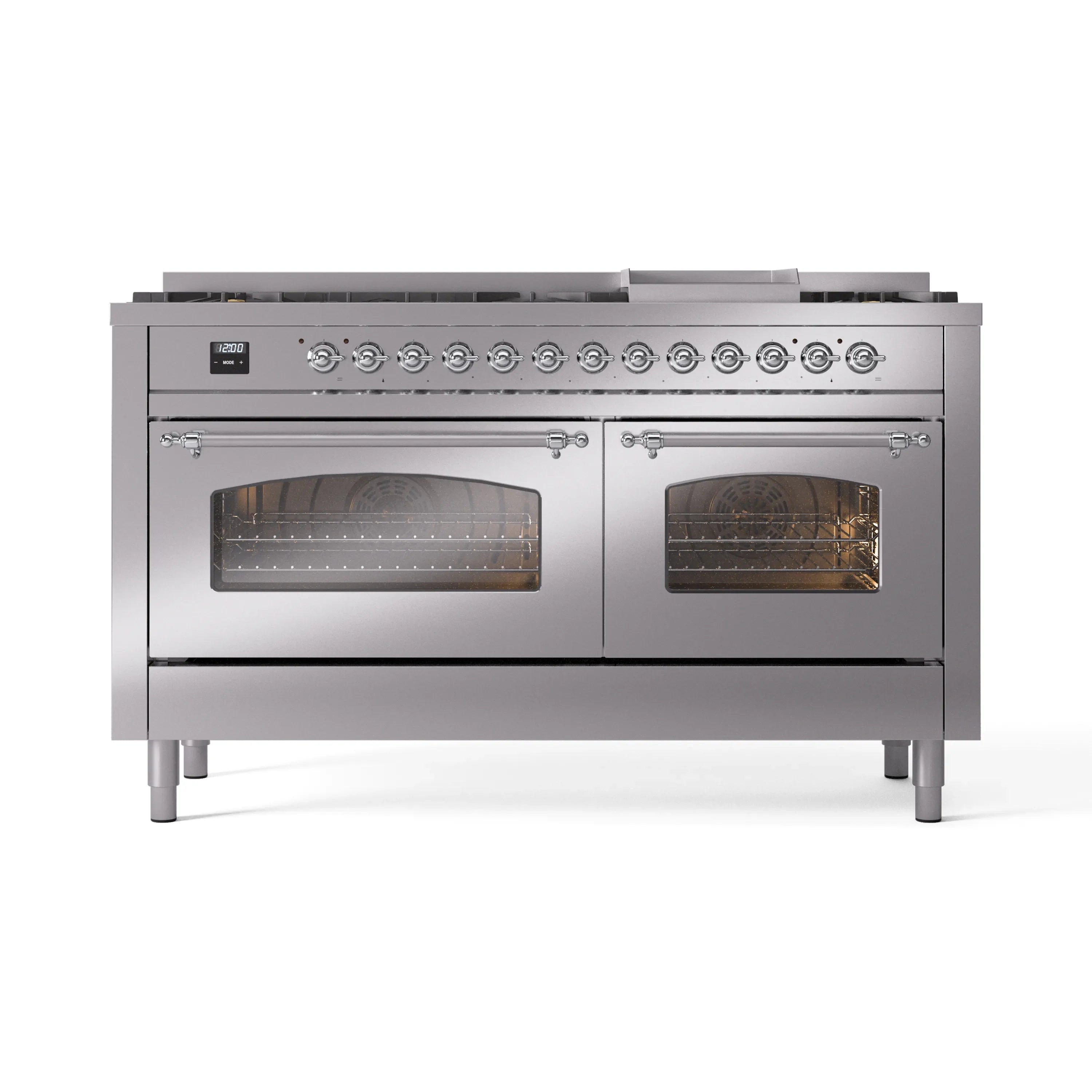Stainless steel dual fuel range with dual glass ovens and chrome-trimmed door handles