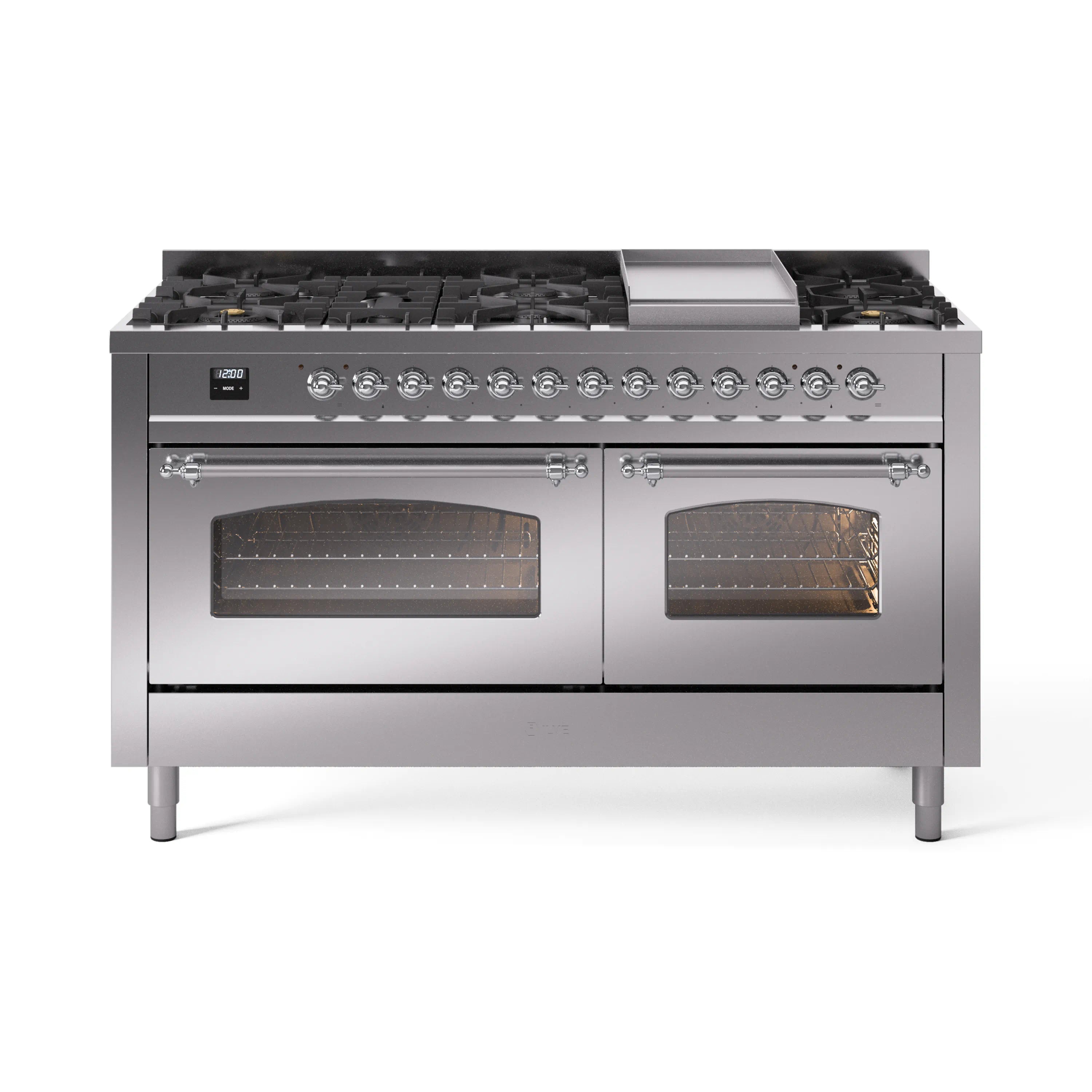Stainless steel dual fuel range with black grates, dual ovens and chrome-trimmed controls