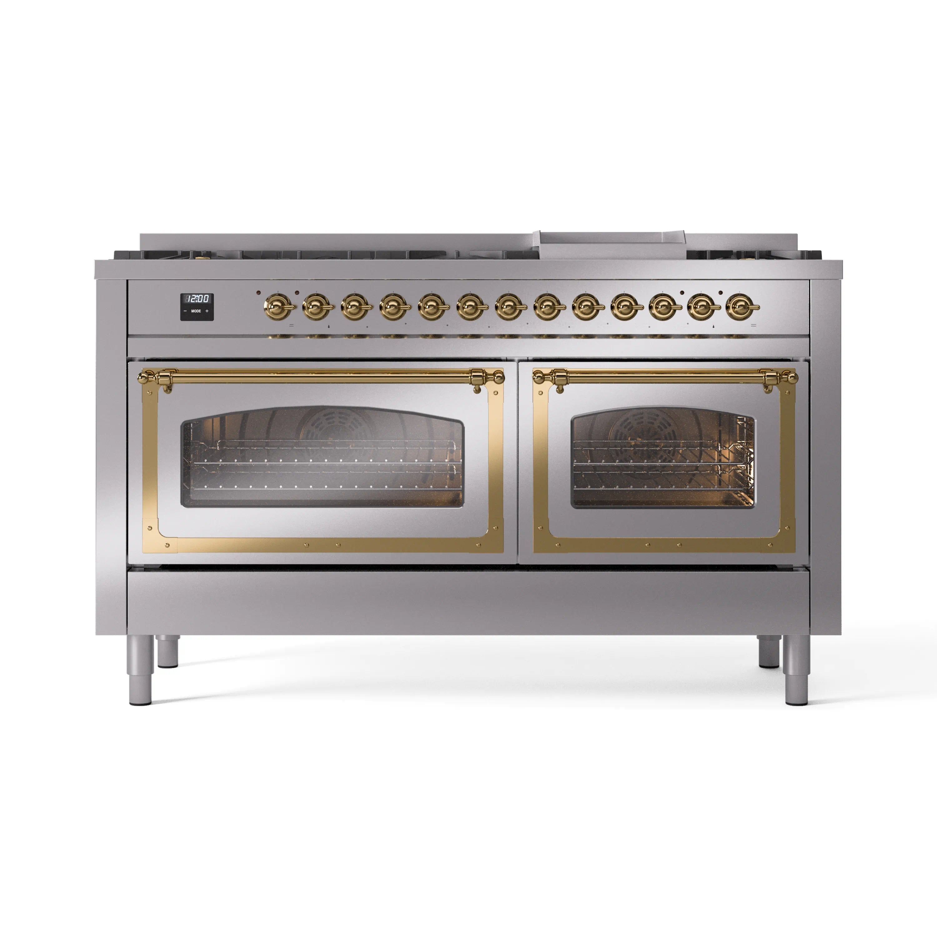 Stainless steel dual fuel range with two brass-trimmed glass oven doors